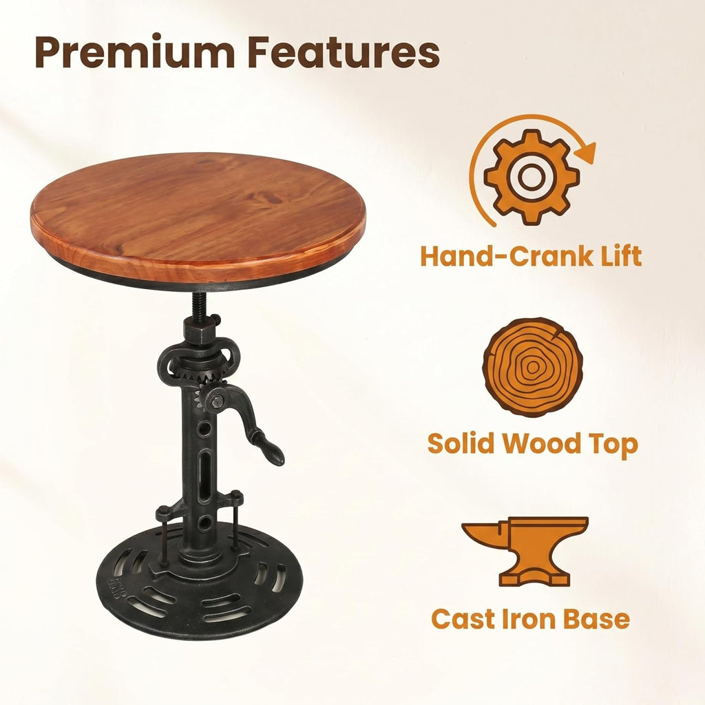 Industrial Retro Height Adjustable End Table, Silver Cast Iron Base Accent Table