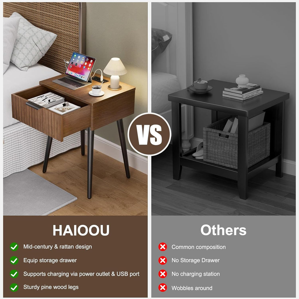 HAIOOU Set of 2 Mid Century Nightstand with Charging Station, End Table Modern Side Table One Drawer with Premium Matte Black Handle and Pine Wood Legs for Home Bedroom Living Room