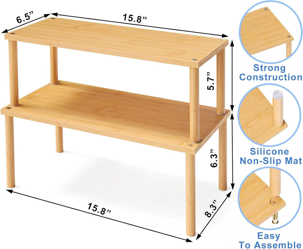 VERTORGAN Cabinet Organizer Shelf(Set of 2),Kitchen Counter Shelves,Bamboo Stackable Expandable Spice Rack Countertop(Large)
