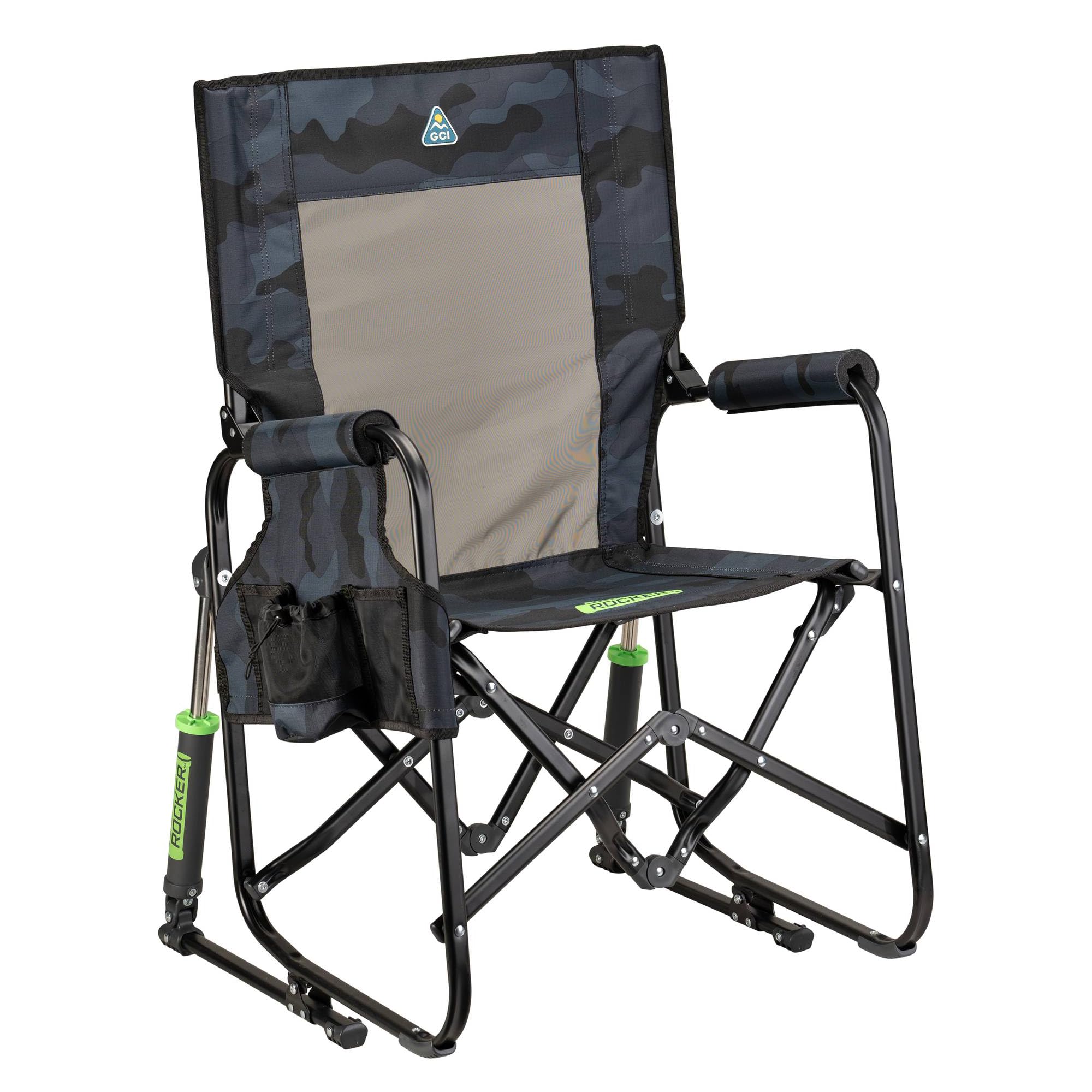 GCI Outdoor Freestyle Rocker Camping Chair | Portable Folding Rocking Chair with Solid, Durable Armrests, Drink Holder & Comfortable Backrest — Indigo Blue