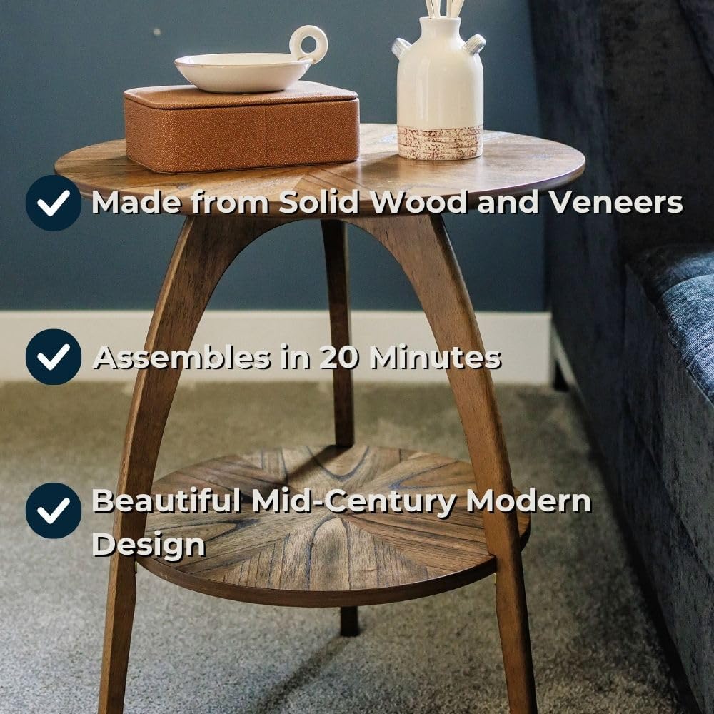 Mid-Century Modern Round Wood End Table with Shelf, Nutmeg Brown