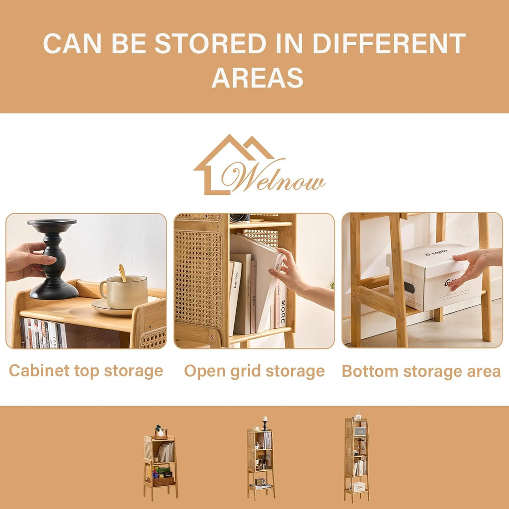 Welnow Bamboo Rattan Bookcase with Cabinet, 3-Tier Storage Shelf with Side Table & End Table Function, Large Modern Wood Organizer for Living Room or Bedroom, Natural Bookshelf