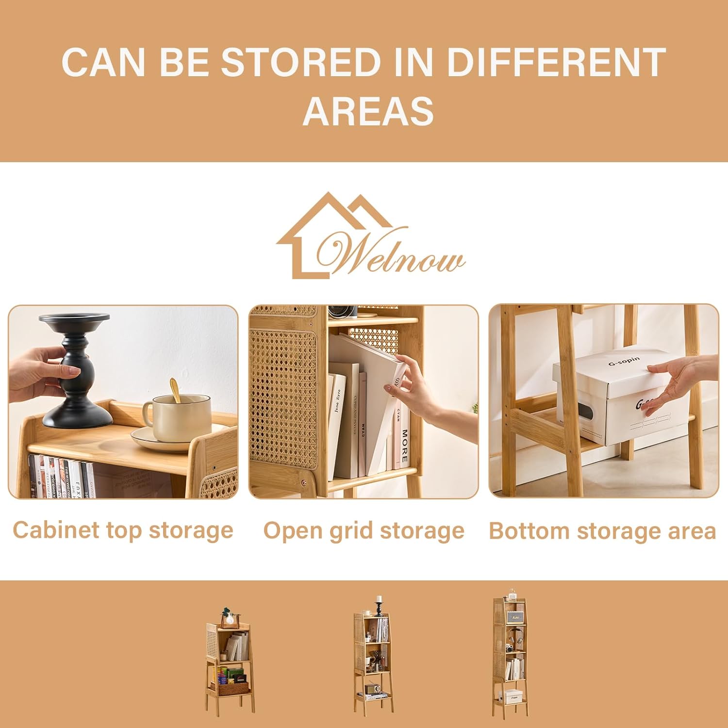 Welnow Bamboo Rattan Bookcase with Cabinet, 3-Tier Storage Shelf with Side Table & End Table Function, Large Modern Wood Organizer for Living Room or Bedroom, Natural Bookshelf