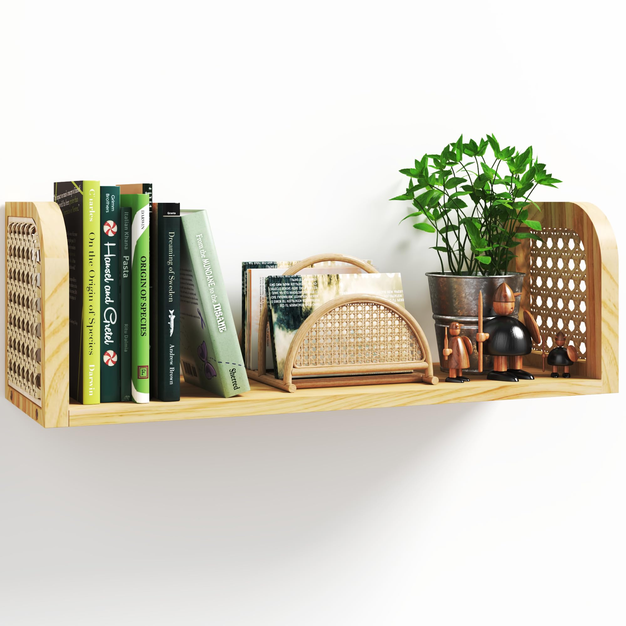 Rattan Shelf Set of 2, Cute Nursery Shelves Wall Mounted, Natural Hanging Bookshelf Storage, Boho Decorative Floating Shelves for Kids Room, Living Room, Play Room, Bedroom, Home Decor