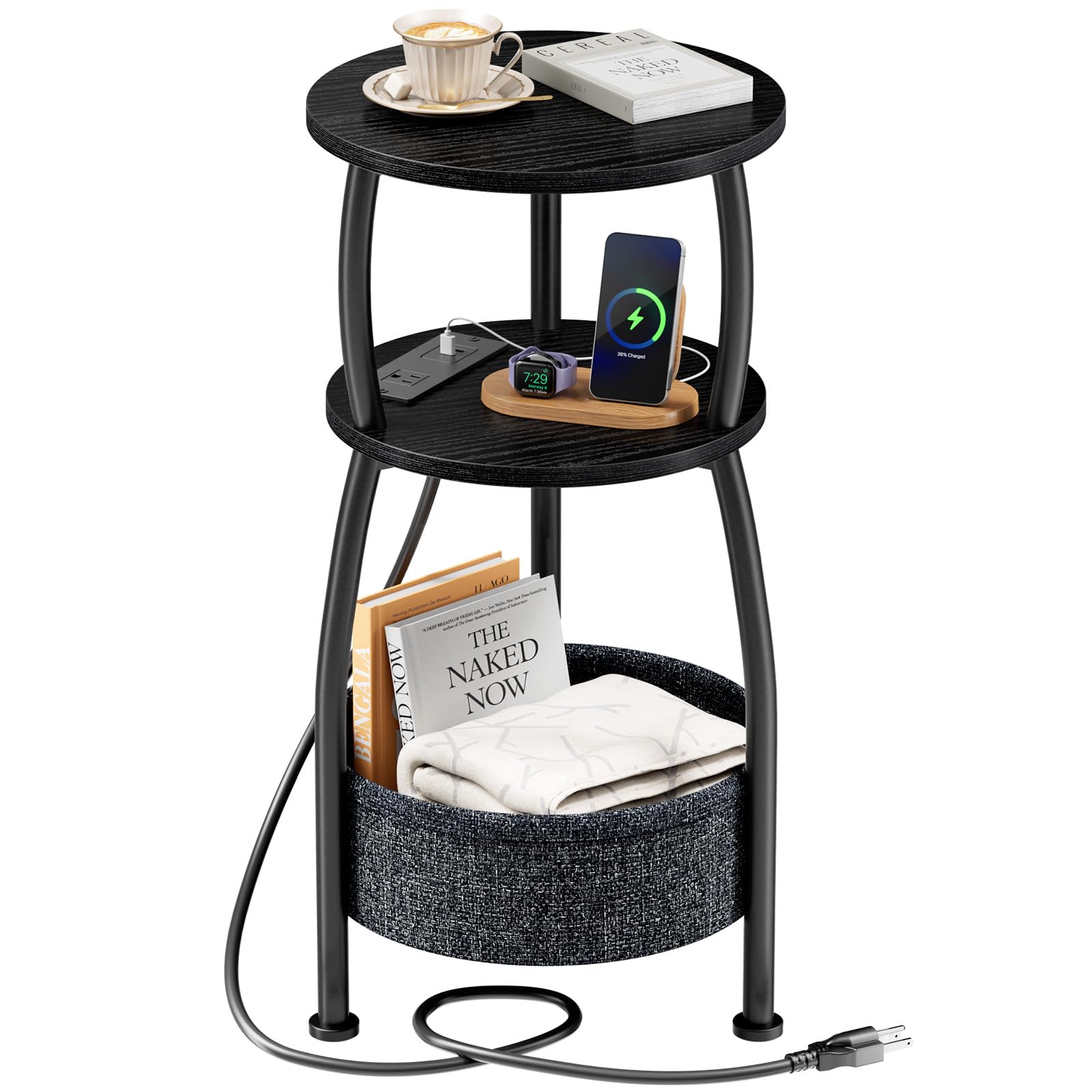 Round Side Table for Small Spaces with Storage Basket –Small End Table 3-Tier Night Stand Sofa Corner Table for Living Room, Bedroom, Patio and More 24in Tall Rustic Brown