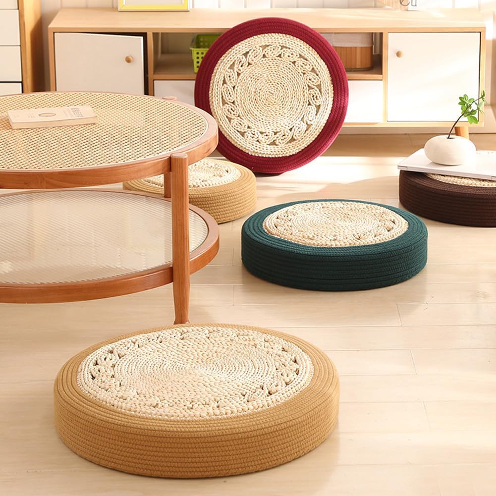 Straw Woven Meditation Sitting Pad & Floor Cushion – Round Natural Tatami Mat for Zen Yoga, Boho Home Decor, Ottoman Foot Rest and Kneeling Seat (Red, 19.7in)