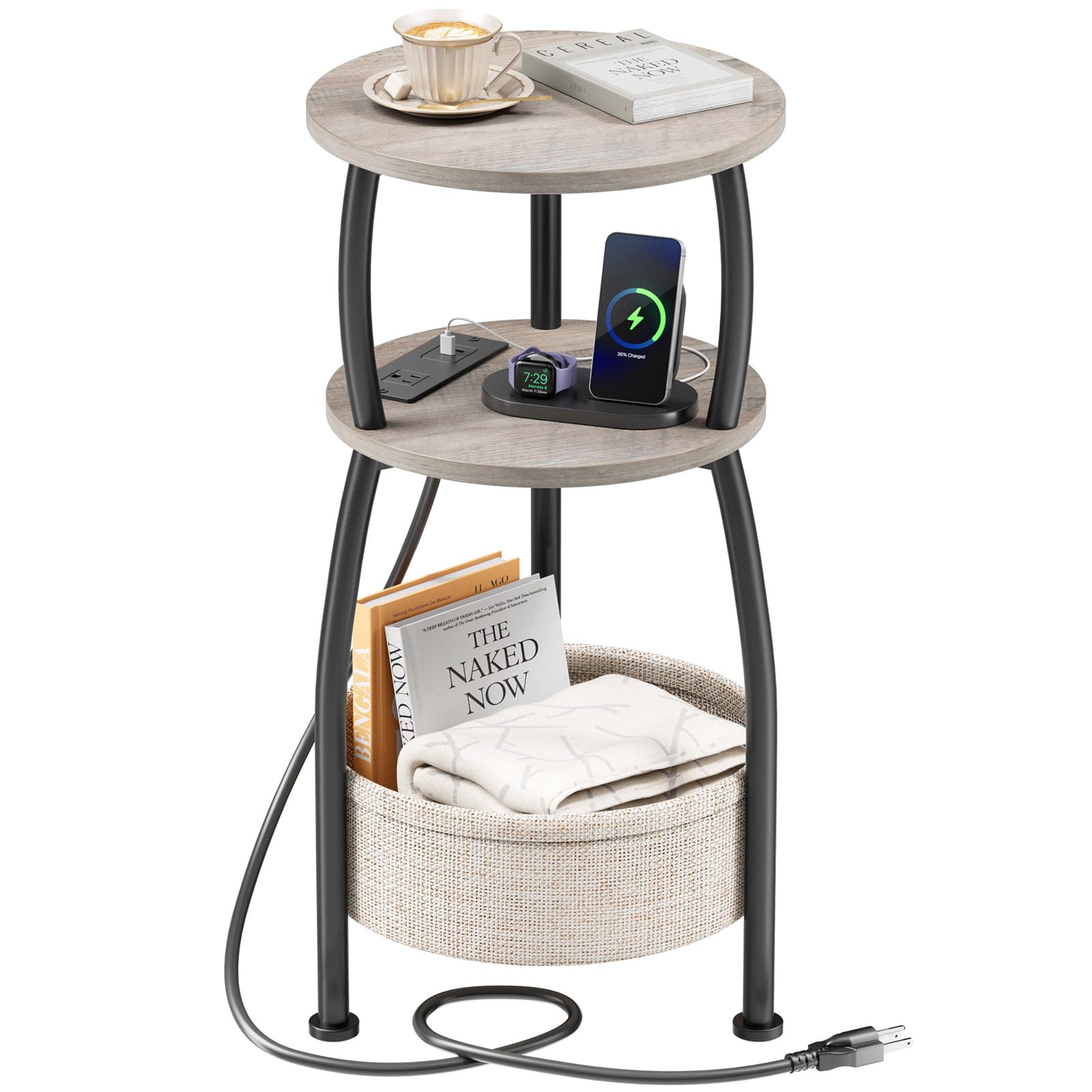 Round Side Table for Small Spaces with Storage Basket –Small End Table 3-Tier Night Stand Sofa Corner Table for Living Room, Bedroom, Patio and More 24in Tall Rustic Brown