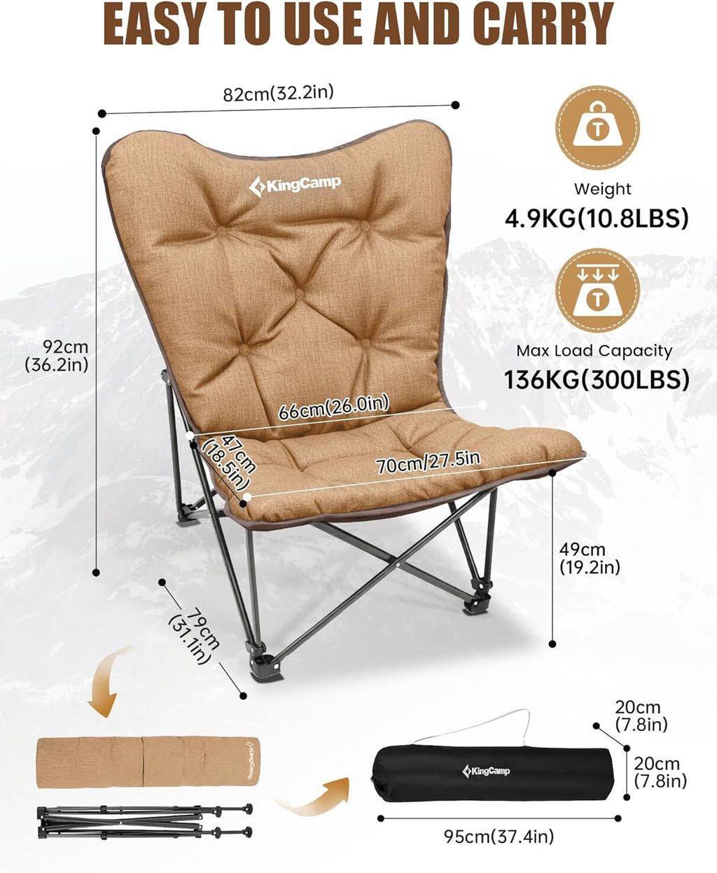 KingCamp Folding Comfy Butterfly Chair Oversized Padded Camping Chairs for Adults Comfortable Camp Chair 300lbs Heavy Duty with High Back for Outdoor Lawn Patio Bedroom Living Room Dorm