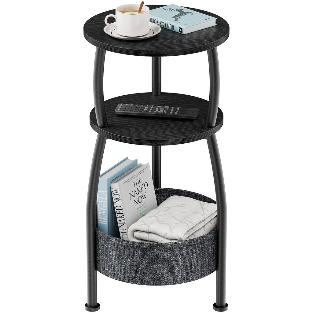 Round Side Table for Small Spaces with Storage Basket –Small End Table 3-Tier Night Stand Sofa Corner Table for Living Room, Bedroom, Patio and More 24in Tall Rustic Brown