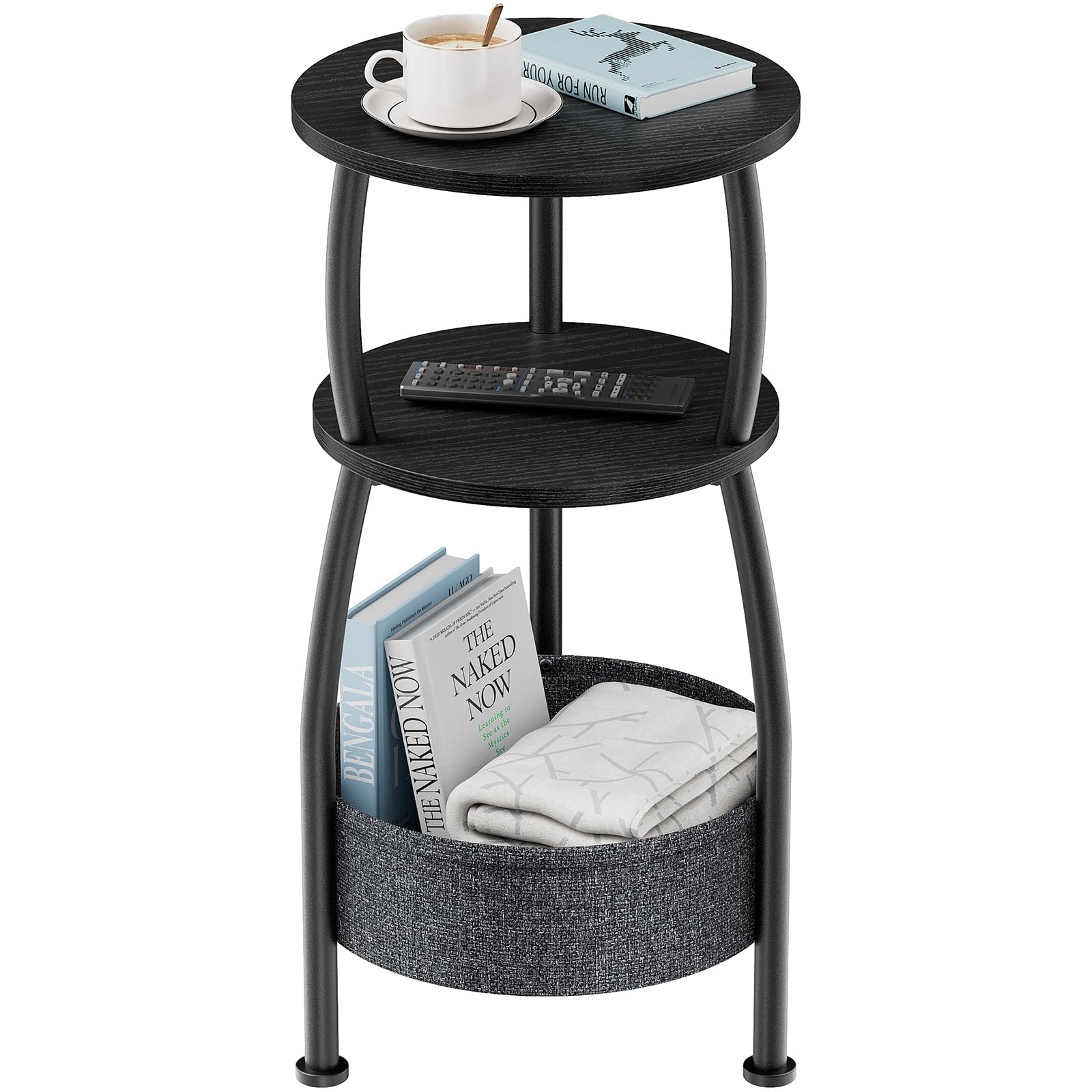 Round Side Table for Small Spaces with Storage Basket –Small End Table 3-Tier Night Stand Sofa Corner Table for Living Room, Bedroom, Patio and More 24in Tall Rustic Brown