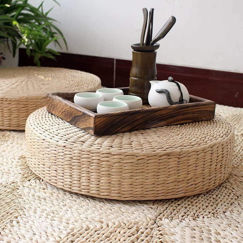 Japanese Style Handcrafted Eco-Friendly Breathable Padded Knitted Straw Flat Seat Cushion, Hand Woven Tatami Cushion Best for Zen, Yoga Practice or Buddha Meditation (15.8" X 4.2")