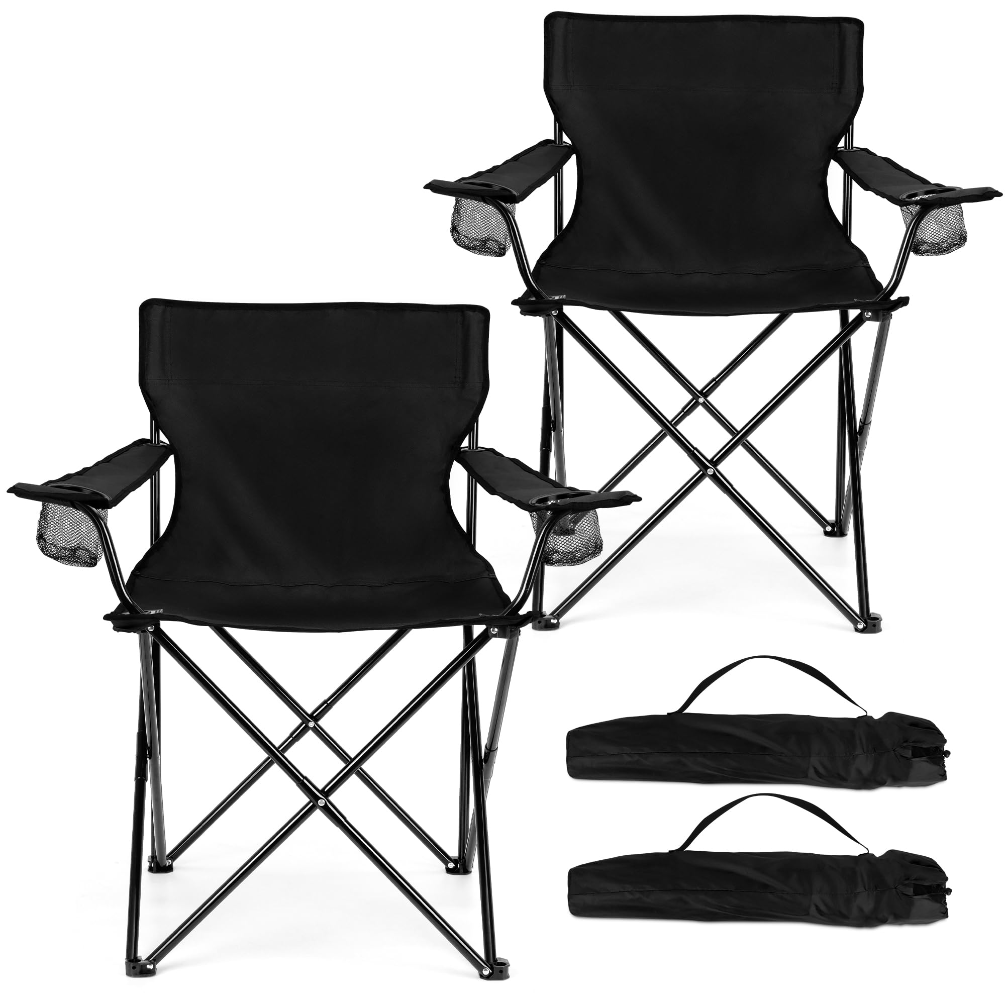 HaSteeL Folding Camping Chair Set of 3, Foldable Black Camp Chairs & Grey Table, Large Lawn Chair Portable for Adults Hiking, Fishing, Picnic, Outdoor BBQ, Travel, Sports, Cup Holders & Storage Bags