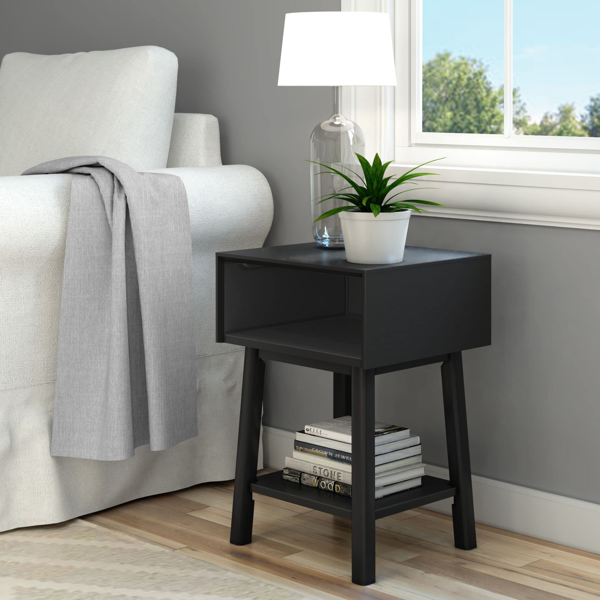 Plank+Beam Mid Century Modern Rectangular Side Table, End Table for Living Room, Wooden Bedside Table, Small End Table for Office Space, Walnut