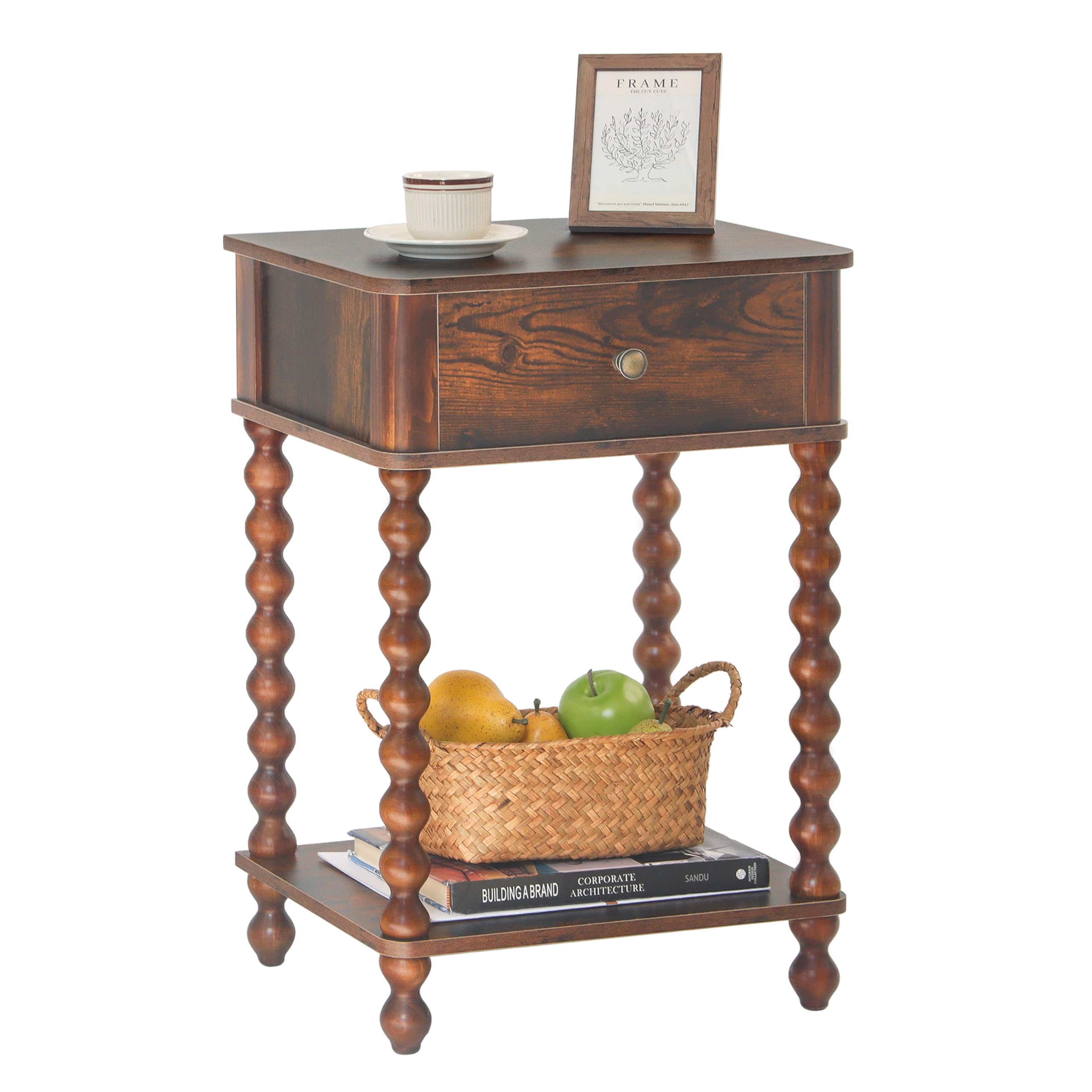 AWASEN Night Stand, Wood End Table with Drawer for Living Room, Small Bedside Side Table with Spindle Wood Legs for Bedroom, Office, Rustic Walnut