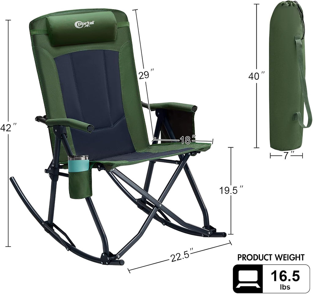Portal Oversized Folding Rocking Camping Chair Portable Outdoor Rocker with High Back Hard Armrests Carry Bag, Supports 400 lbs
