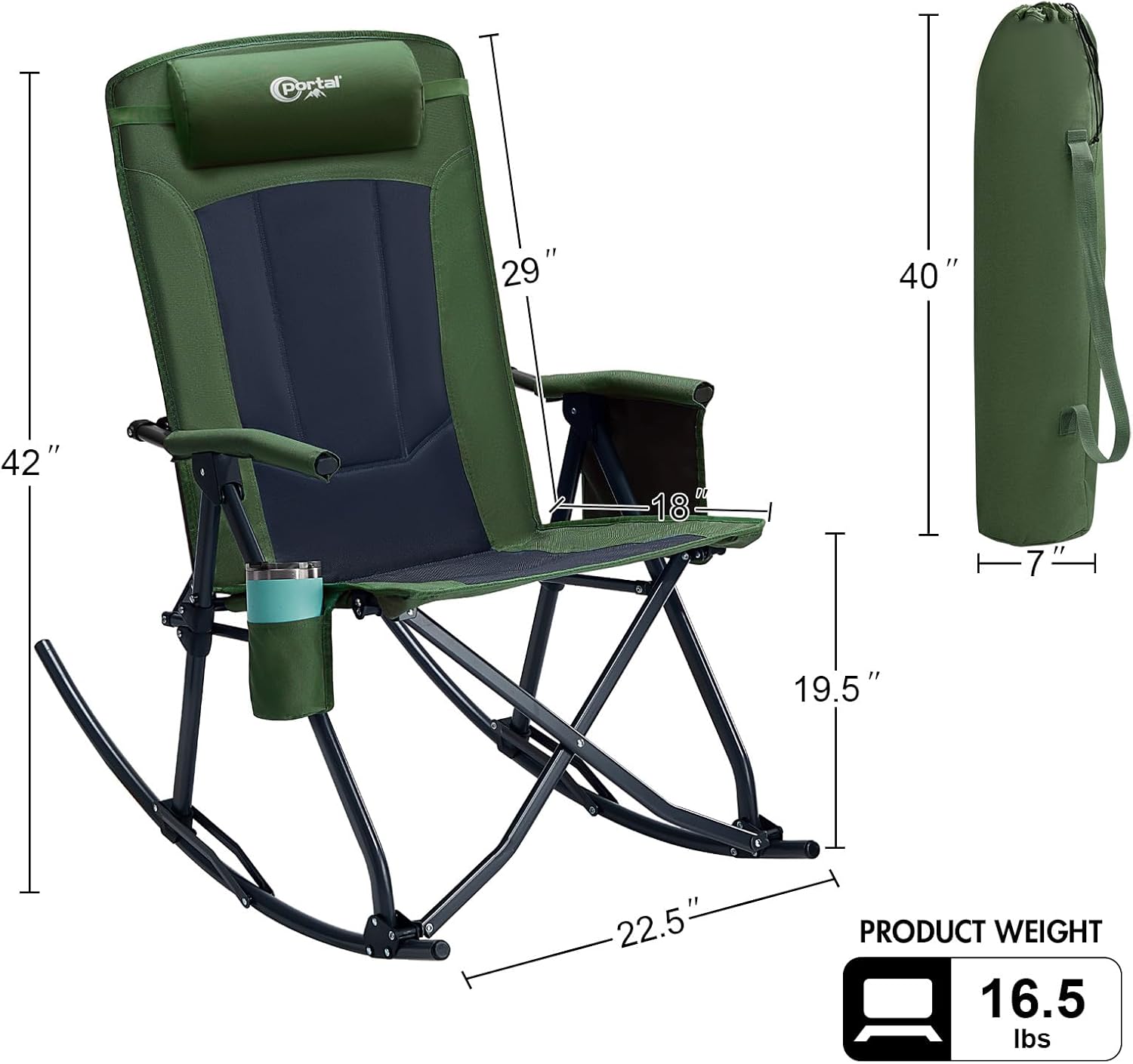 Portal Oversized Folding Rocking Camping Chair Portable Outdoor Rocker with High Back Hard Armrests Carry Bag, Supports 400 lbs