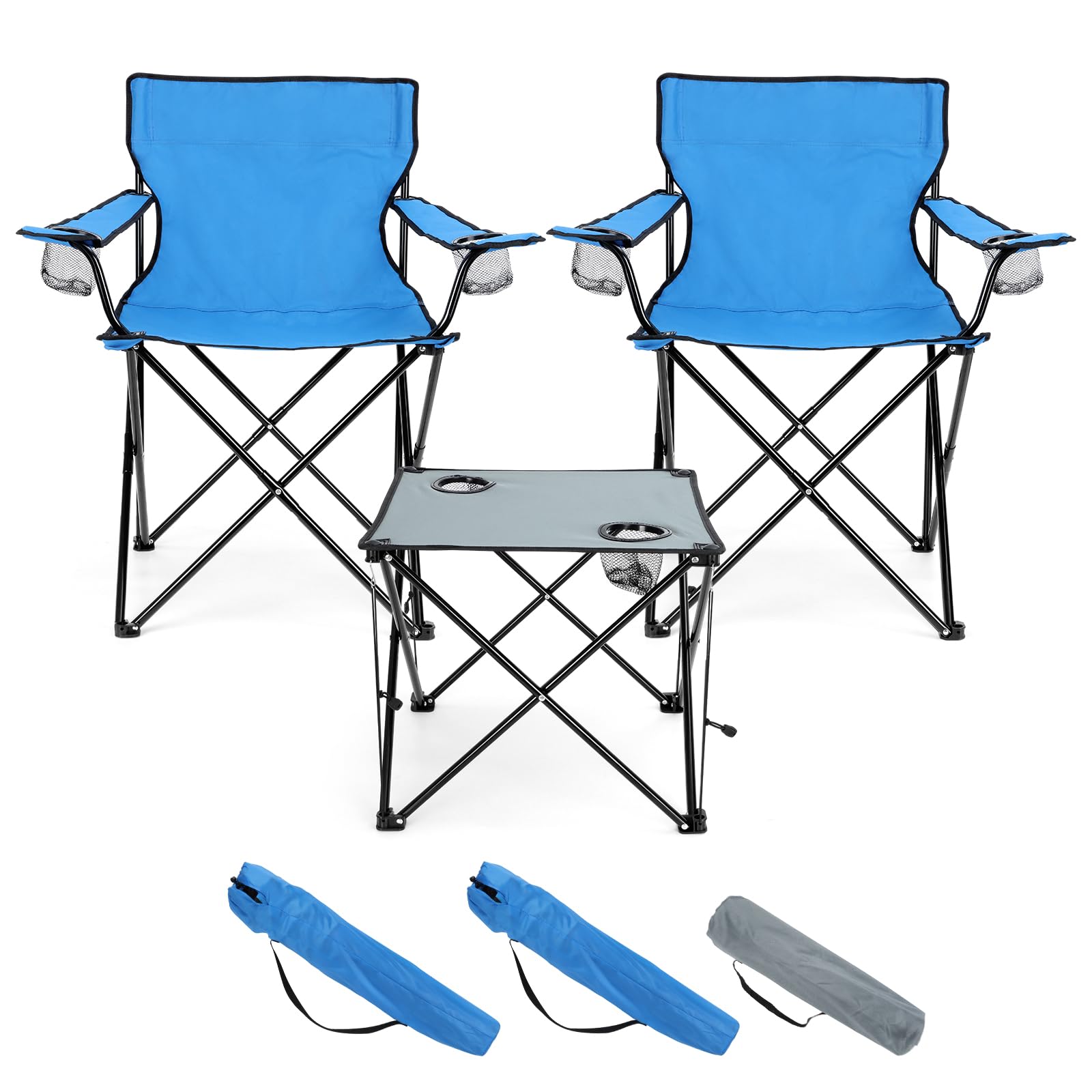 HaSteeL Folding Camping Chair Set of 3, Foldable Black Camp Chairs & Grey Table, Large Lawn Chair Portable for Adults Hiking, Fishing, Picnic, Outdoor BBQ, Travel, Sports, Cup Holders & Storage Bags
