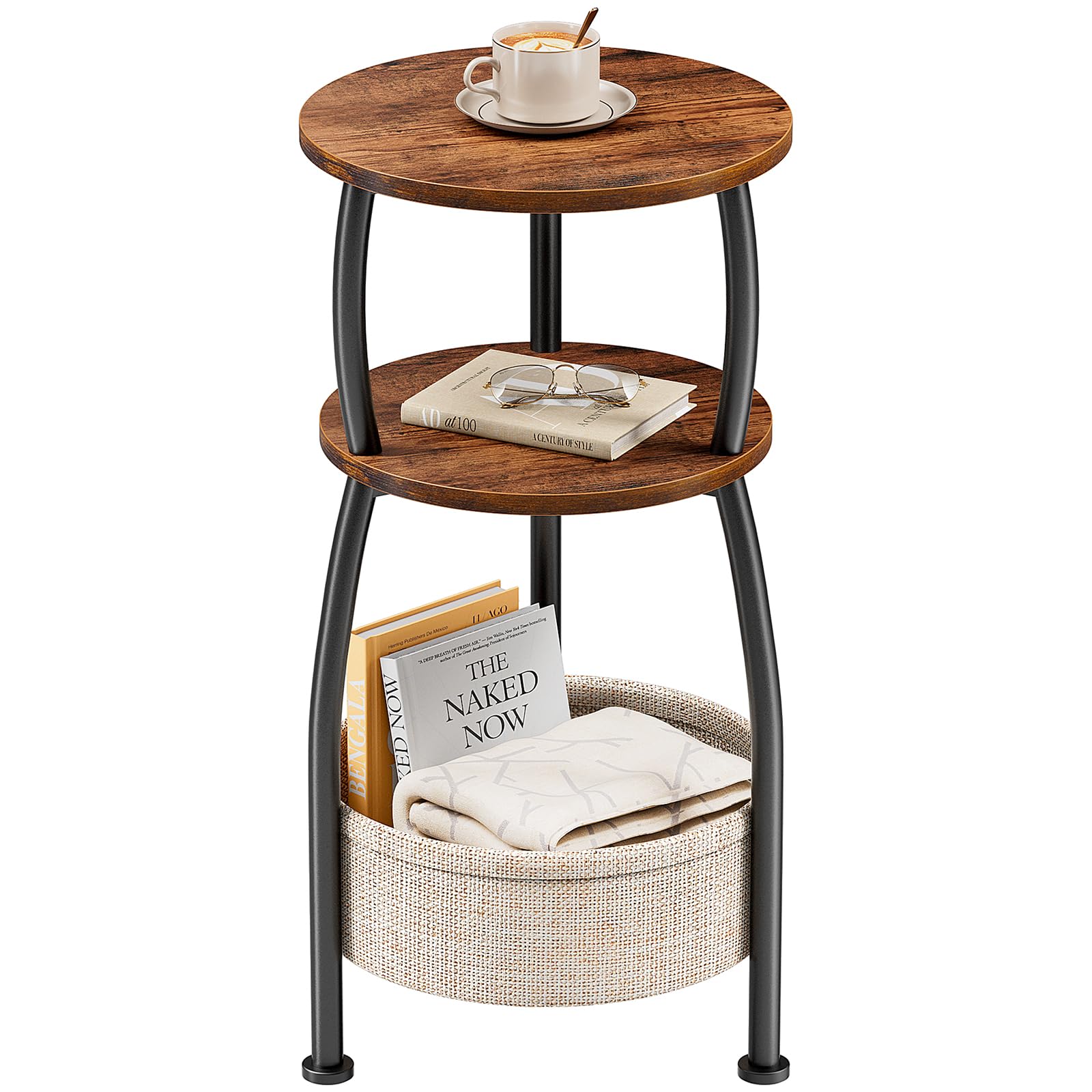 Round Side Table for Small Spaces with Storage Basket –Small End Table 3-Tier Night Stand Sofa Corner Table for Living Room, Bedroom, Patio and More 24in Tall Rustic Brown
