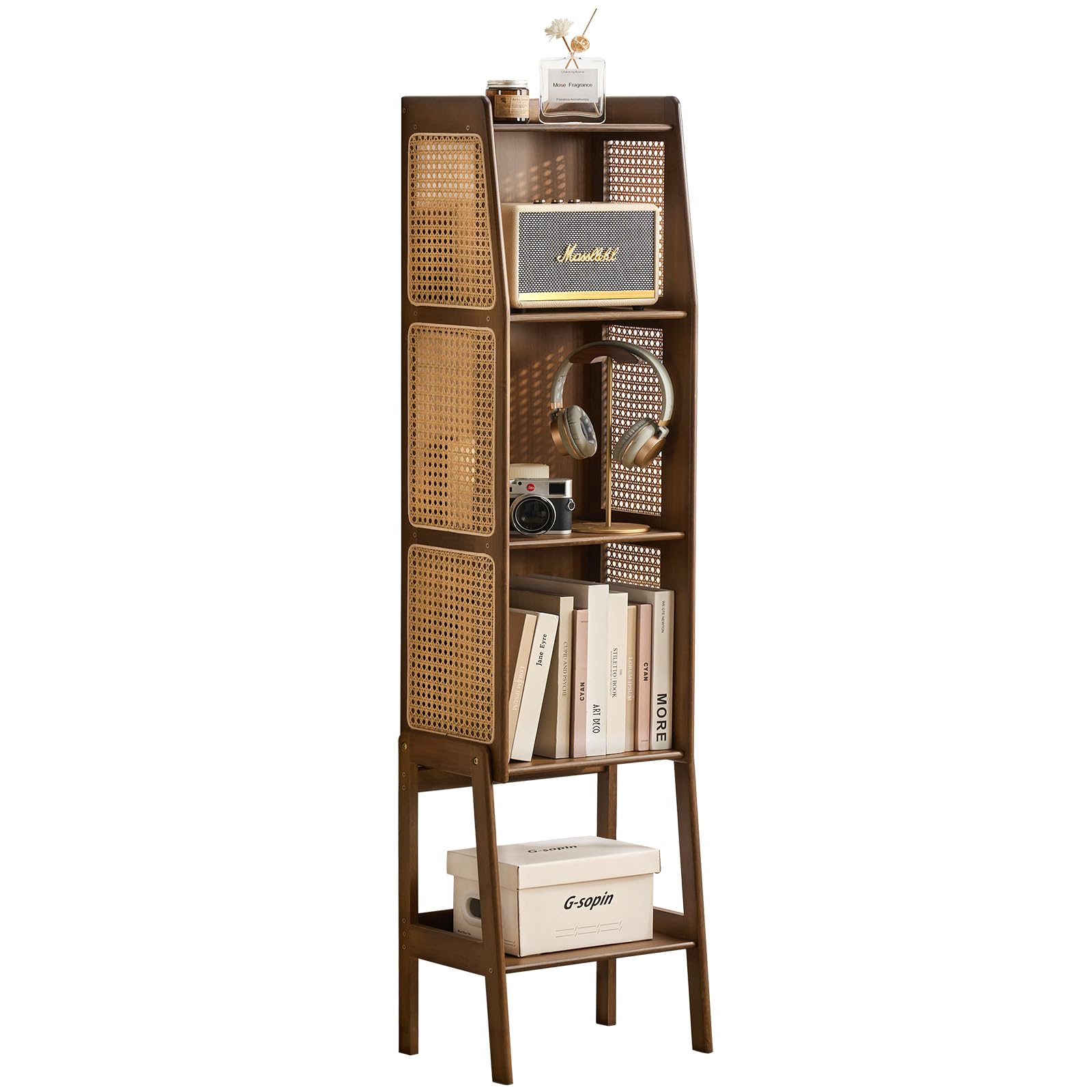 Welnow Bamboo Rattan Bookcase with Cabinet, 3-Tier Storage Shelf with Side Table & End Table Function, Large Modern Wood Organizer for Living Room or Bedroom, Natural Bookshelf