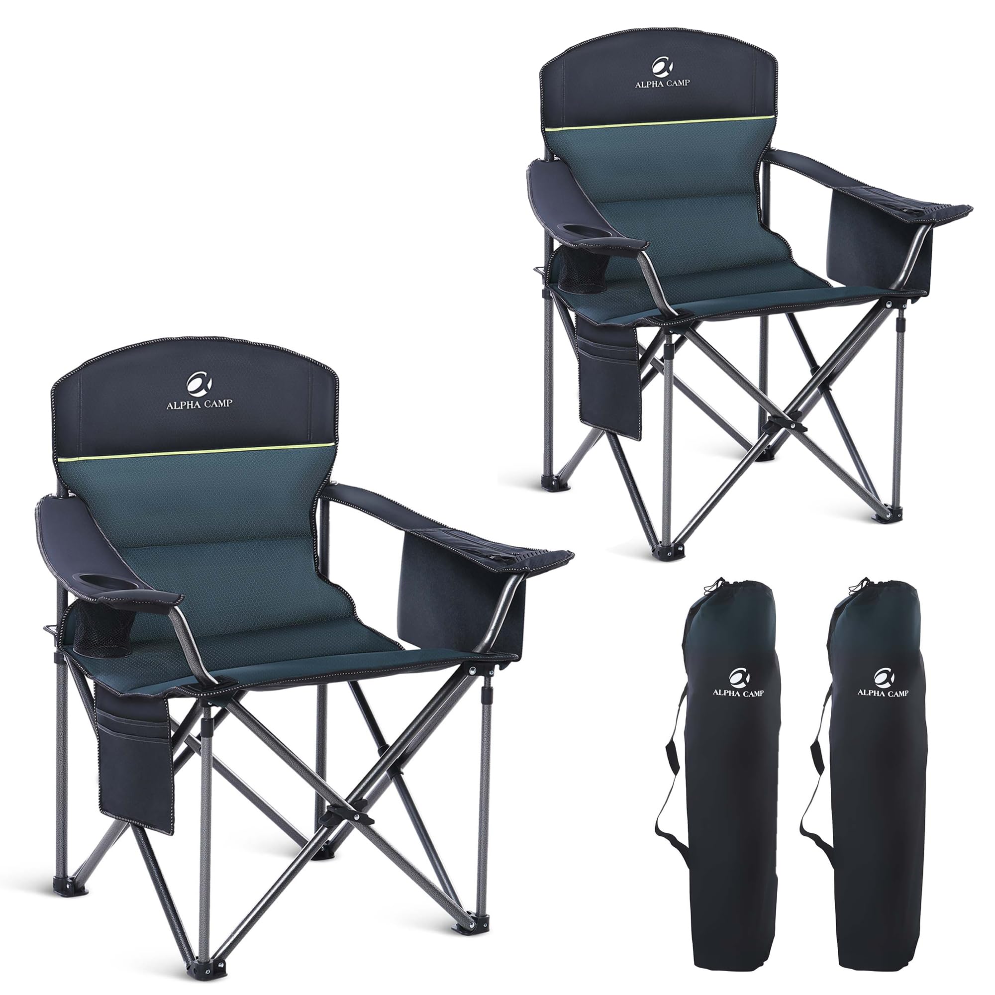 LET'S CAMP Folding Camping Chair Oversized Heavy Duty Padded Outdoor Chair with Cup Holder Storage and Cooler Bag, 450 LBS Weight Capacity, Thicken 600D Oxford