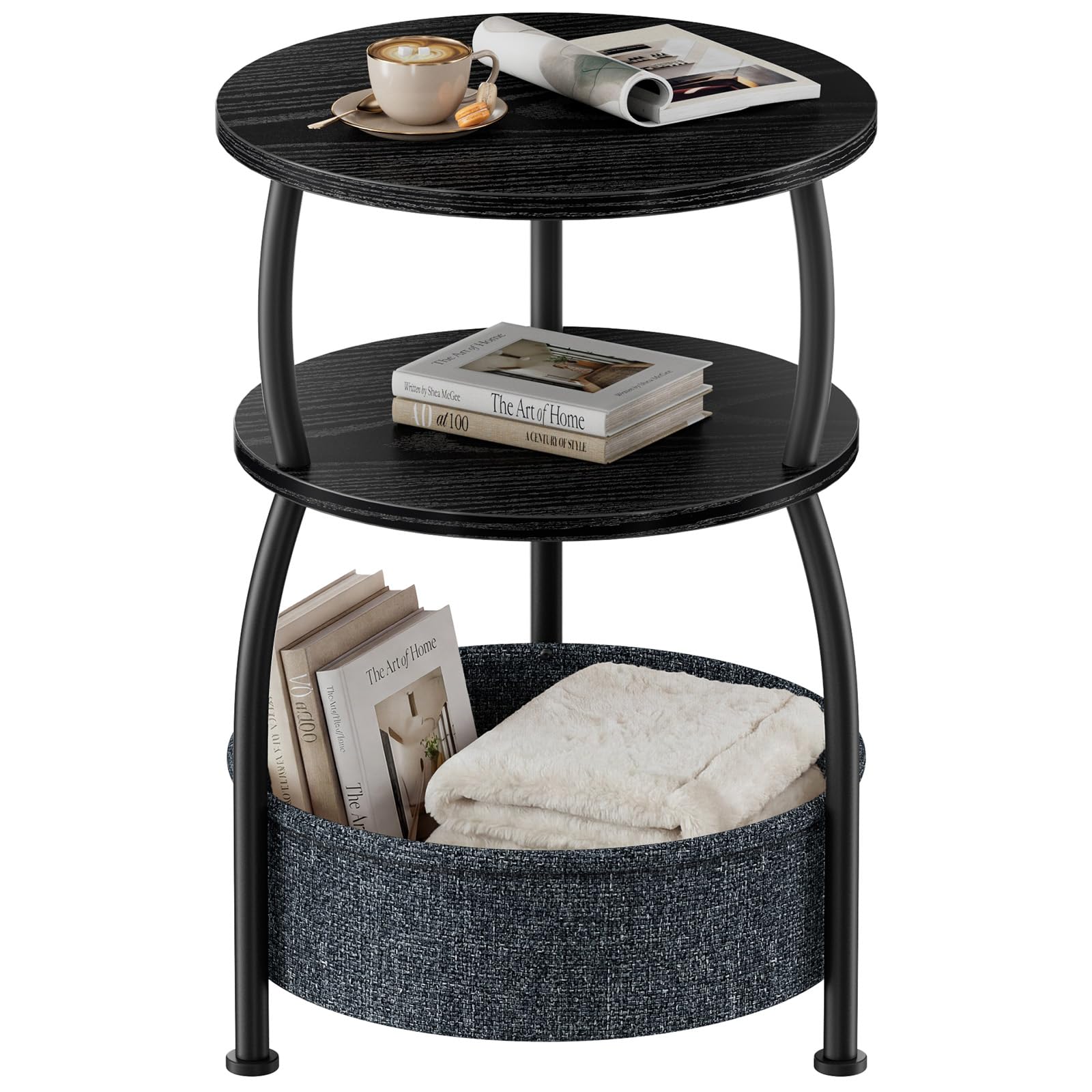 Round Side Table for Small Spaces with Storage Basket –Small End Table 3-Tier Night Stand Sofa Corner Table for Living Room, Bedroom, Patio and More 24in Tall Rustic Brown