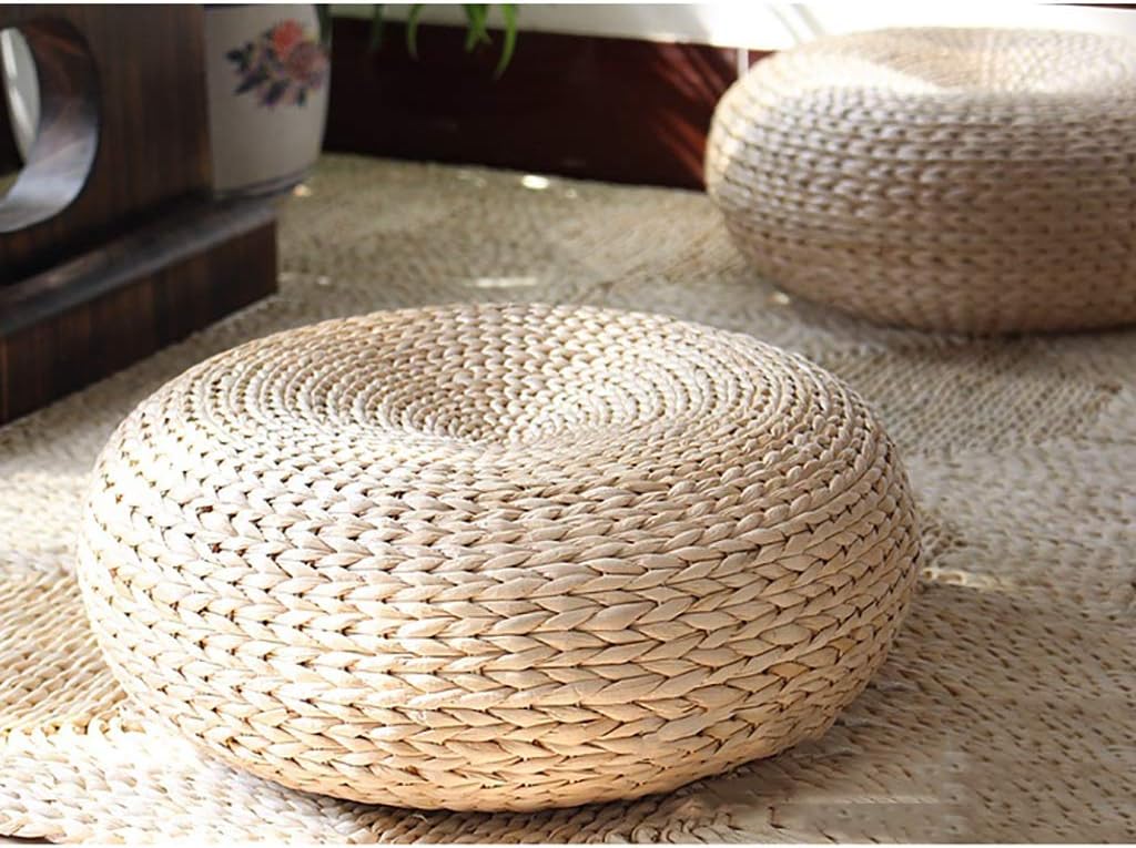 HC&WT Breathable Floor Pillow Cushion, Tatami Handcrafted Eco-Friendly Chair Pad Knitted Straw Woven Steel Frame Round Seat Cushion-a 40x40x16cm(16x16x6inch)