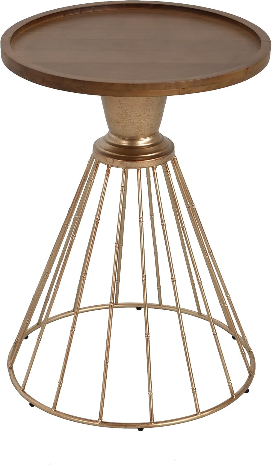 Penau Hollow Edge Retro Art Pine Side Table, Antique Gold Metal Frame with Natural Pine Top, Mid-Century Floating Round Accent Table, 25 x 18 x 18 Inchs, 110 lb Capacity