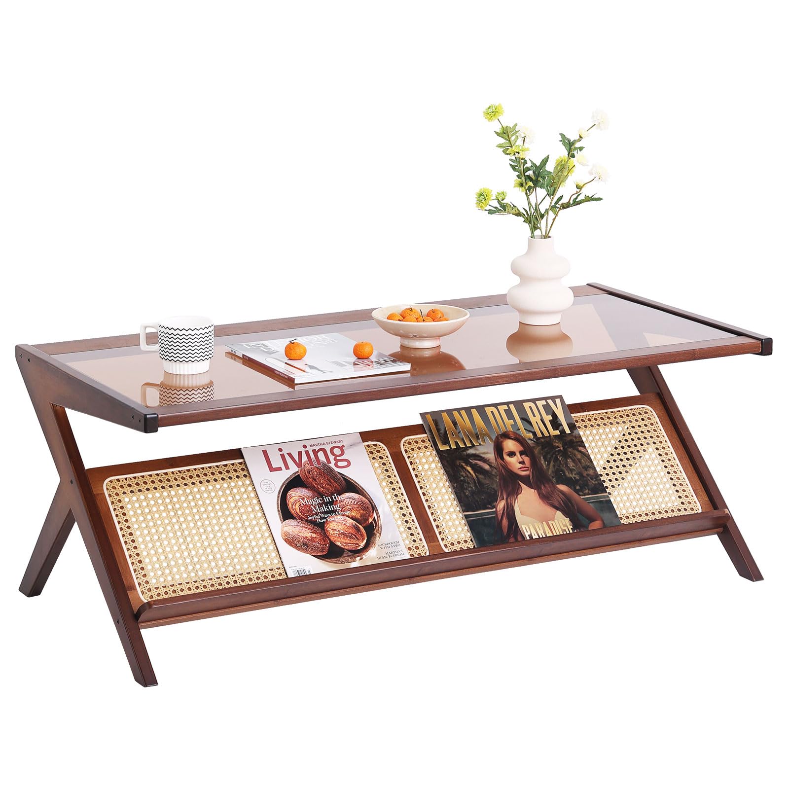 Tiita Rattan Side Table, Mid Century Nightstand, Bamboo Accent Bedside Tables, Glass Coffee Tables, Boho Wooden End Table with Storage for Small Space, Living Room and Bedroom