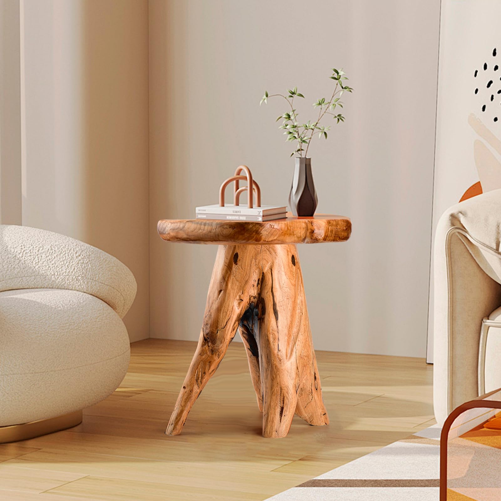 Small Side Table, Freeform Live Edge Wood Stool, Unique Design Natural Plant Stand for Patio, Garden, Yard, Living Room, Bedroom