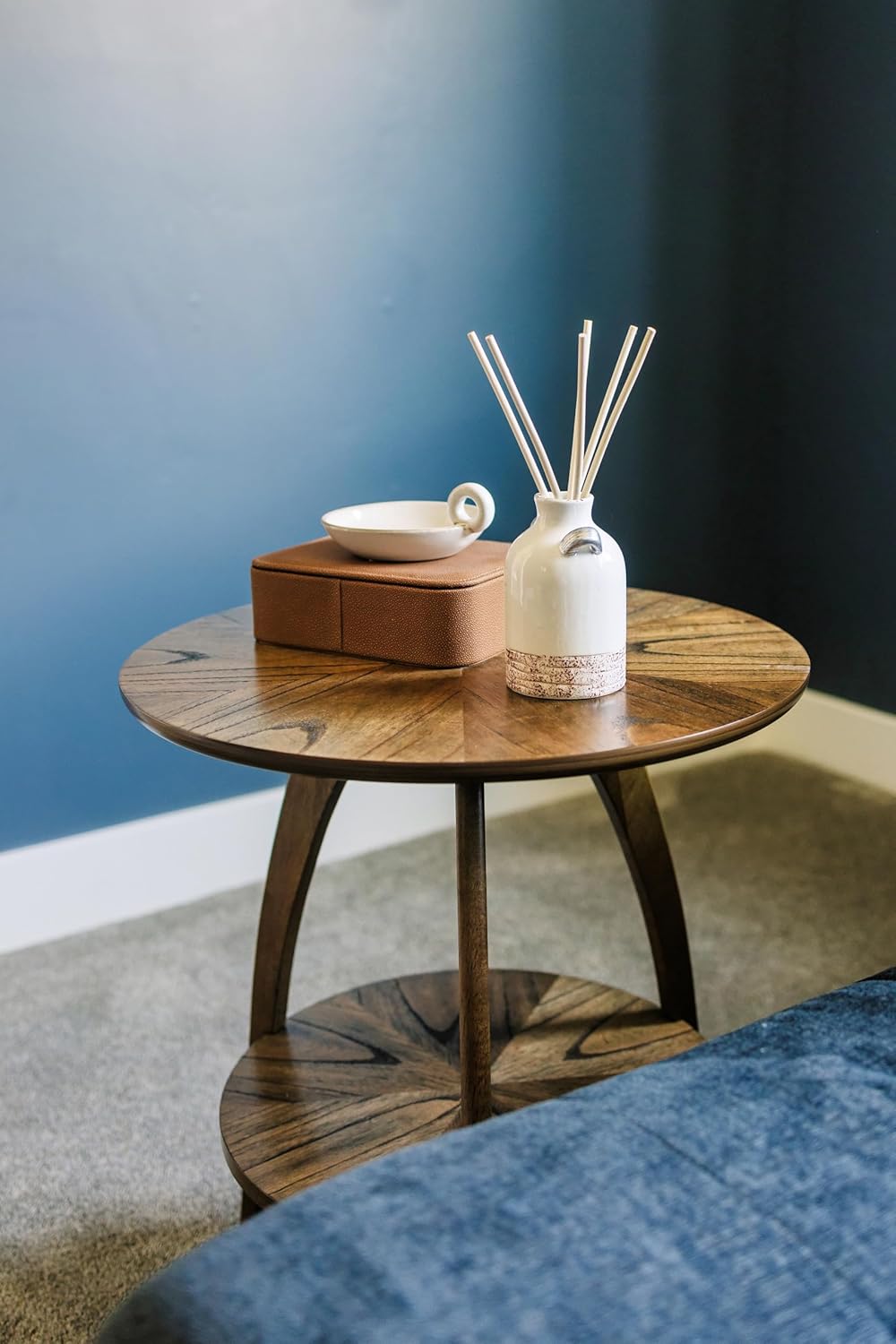 Mid-Century Modern Round Wood End Table with Shelf, Nutmeg Brown