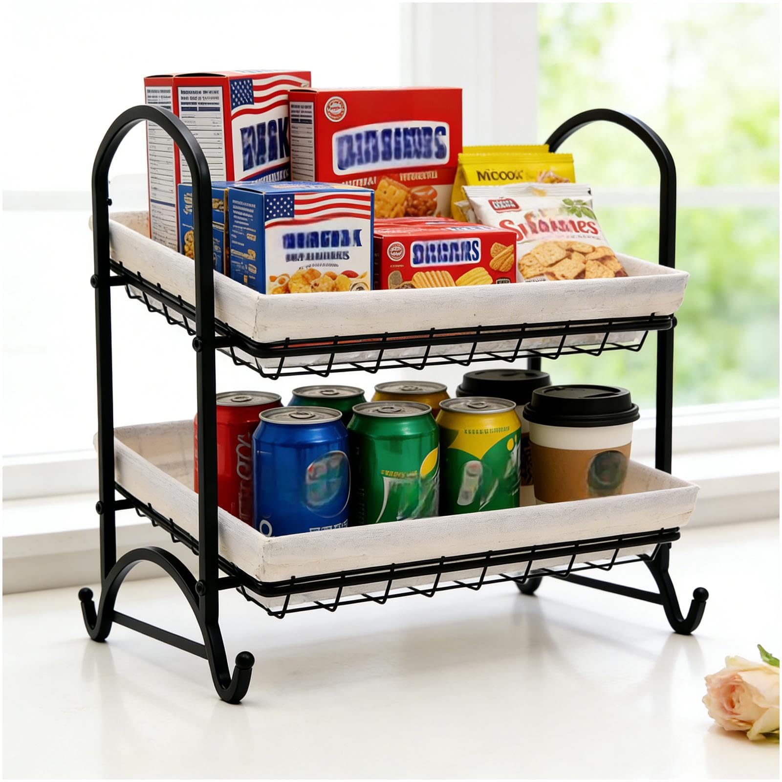 Stackable Candy Display Rack wtih Rattan|Stackable Candy Organizer|Multi-Function Snack Rack&Shelf for Chips |Perfect Display Solution for Stores (Brown, Medium)