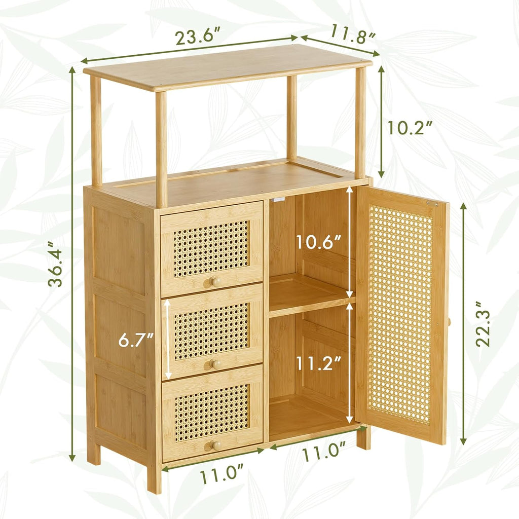 Natural Bamboo Rattan Sideboard Cabinet with Adjustable Shelf for Home Storage