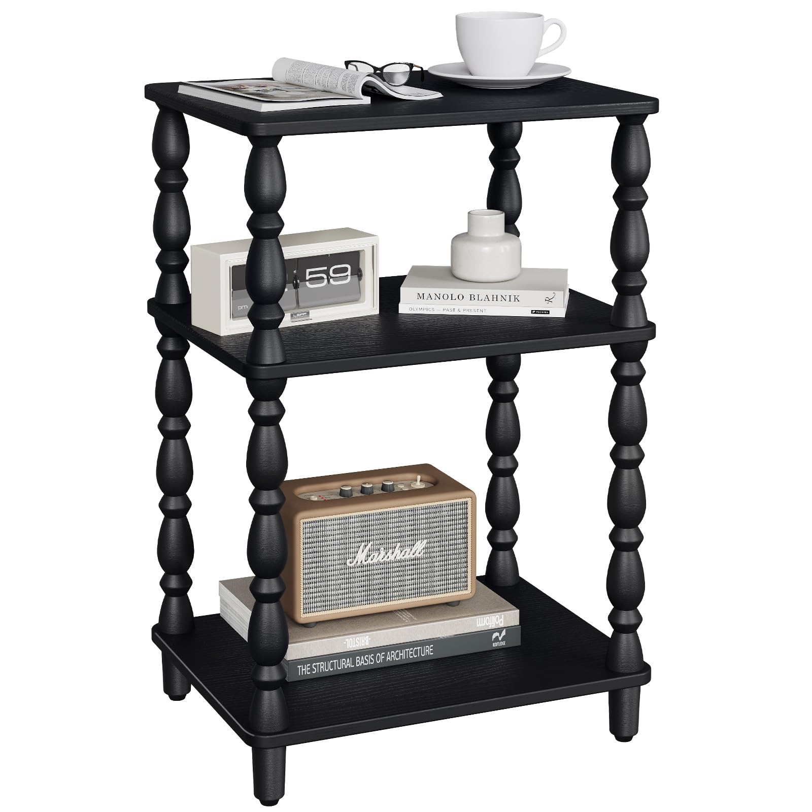 Yoobure Small Side Table - Vintage End Tables Living Room with Spindle Legs, Accent Night Stand with 3-Tier Storage Shelf, Wood Nightstand for Bedroom, Bedside Table for Narrow Spaces, Walnut