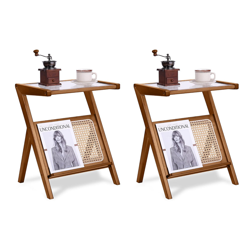 Tiita Rattan Side Table, Mid Century Nightstand, Bamboo Accent Bedside Tables, Glass Coffee Tables, Boho Wooden End Table with Storage for Small Space, Living Room and Bedroom
