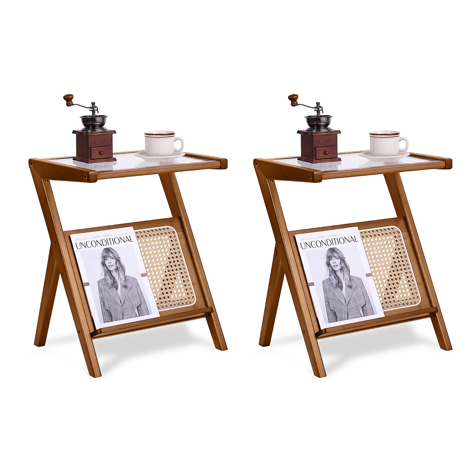 Tiita Rattan Side Table, Mid Century Nightstand, Bamboo Accent Bedside Tables, Glass Coffee Tables, Boho Wooden End Table with Storage for Small Space, Living Room and Bedroom
