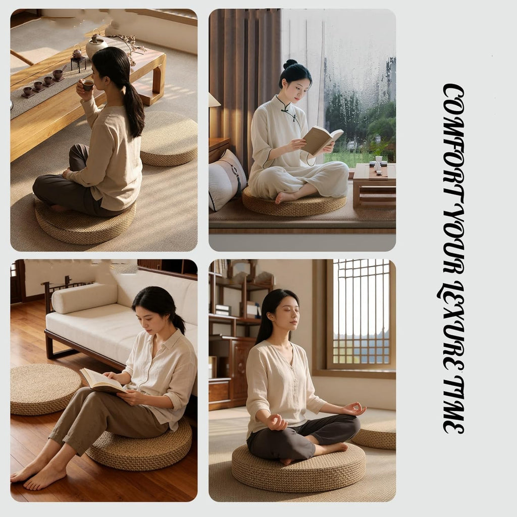 Floor Cushion - Thick, Washable, Removable Cover Tatami Mat, Meditation Pillow for Windowsill, Balcony, Floor Seating (Beige, Dia 24'')