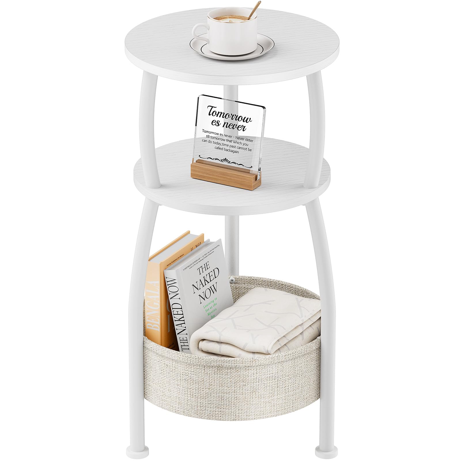 Round Side Table for Small Spaces with Storage Basket –Small End Table 3-Tier Night Stand Sofa Corner Table for Living Room, Bedroom, Patio and More 24in Tall Rustic Brown