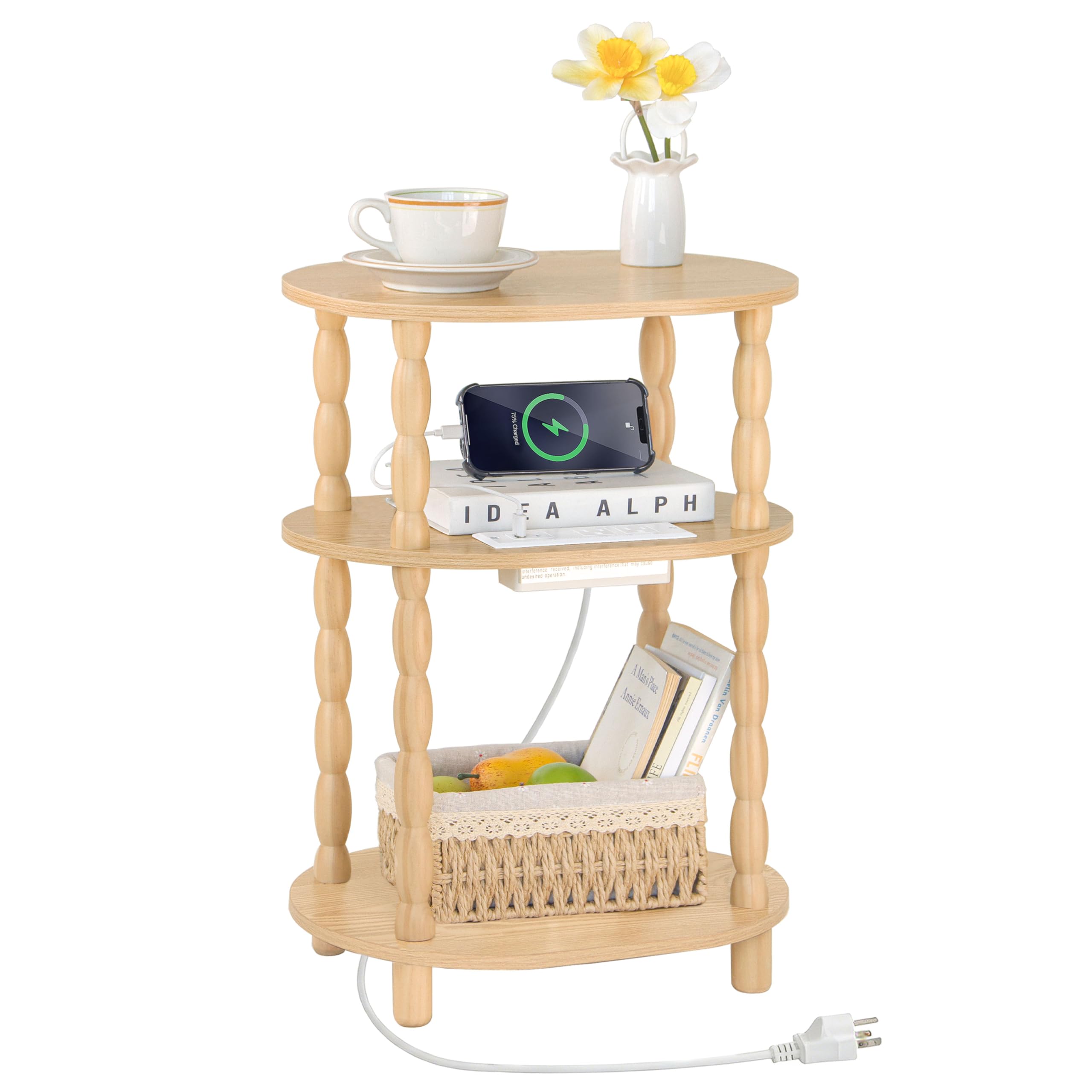 MaxSmeo Side Table, 3-Tier Small End Table, Modern Oval Night Stand Accent Table for Living Room, Bedroom, Rustic Brown