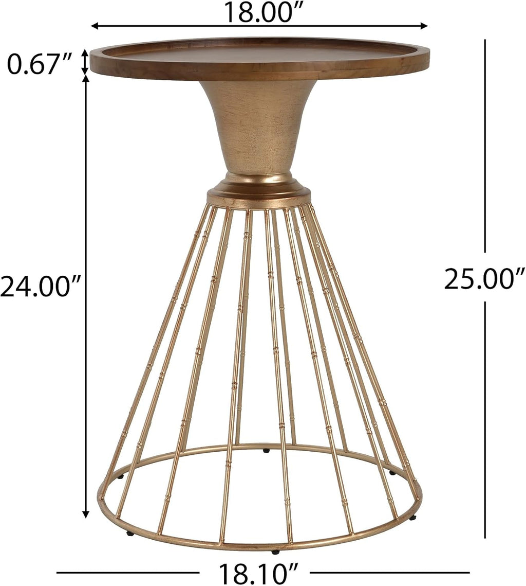 Penau Hollow Edge Retro Art Pine Side Table, Antique Gold Metal Frame with Natural Pine Top, Mid-Century Floating Round Accent Table, 25 x 18 x 18 Inchs, 110 lb Capacity