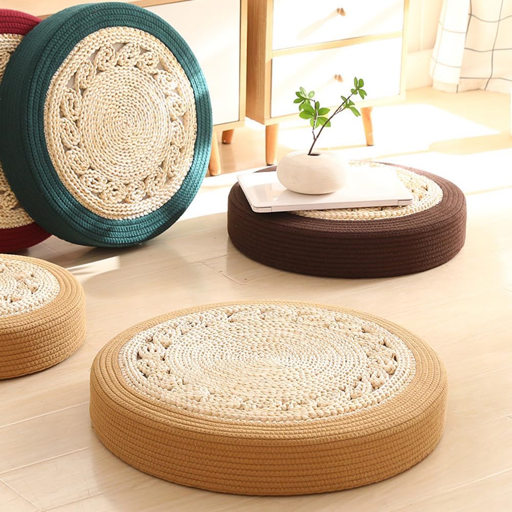 Straw Woven Meditation Sitting Pad & Floor Cushion – Round Natural Tatami Mat for Zen Yoga, Boho Home Decor, Ottoman Foot Rest and Kneeling Seat (Red, 19.7in)