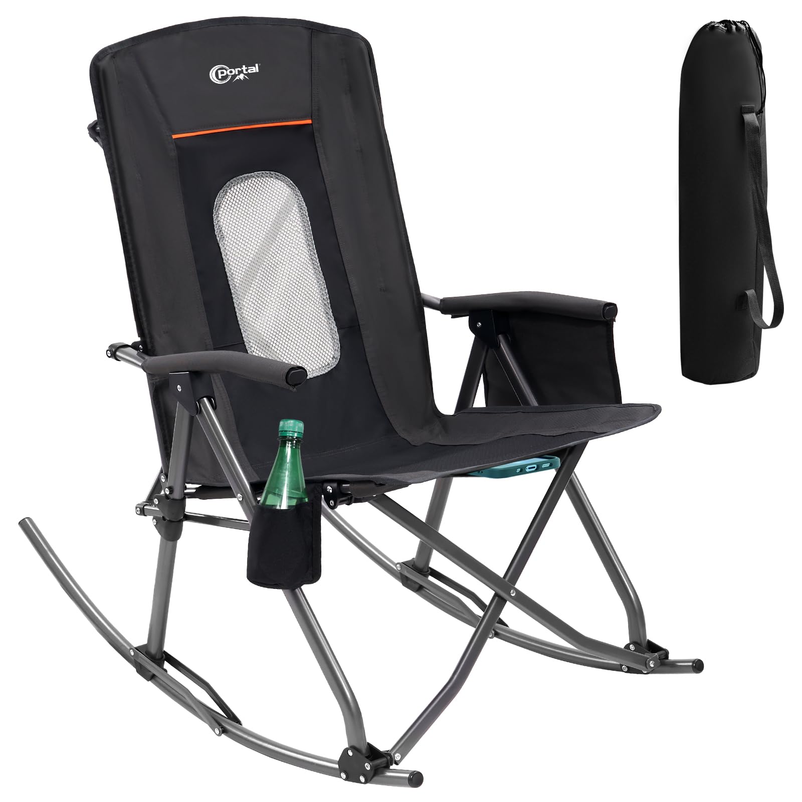 Portal Oversized Folding Rocking Camping Chair Portable Outdoor Rocker with High Back Hard Armrests Carry Bag, Supports 400 lbs
