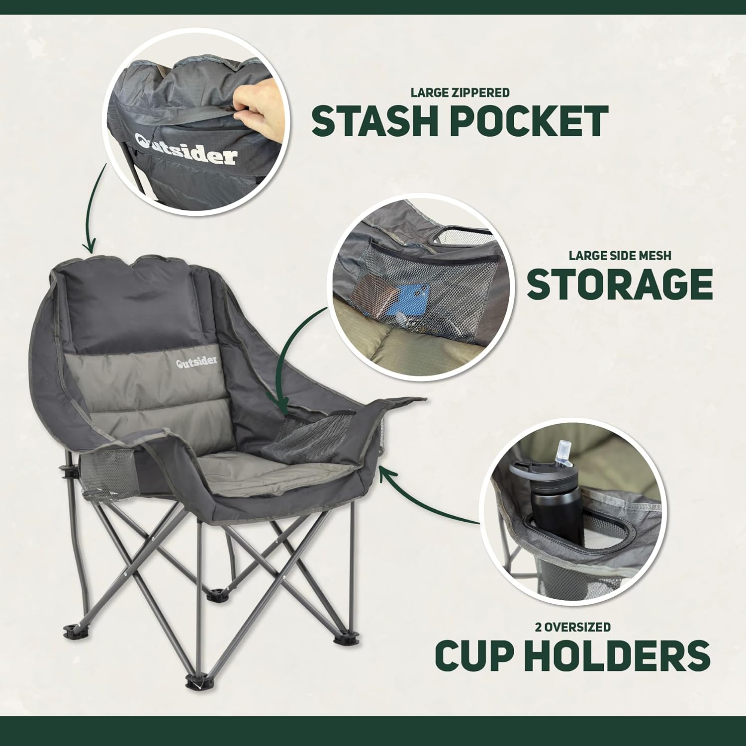 OUTSIDER Oversized Camping Chair, Comfort Padded Lounge Chair,Outdoor Camp Folding Chair, Balcony Lounge 400lb Capacity