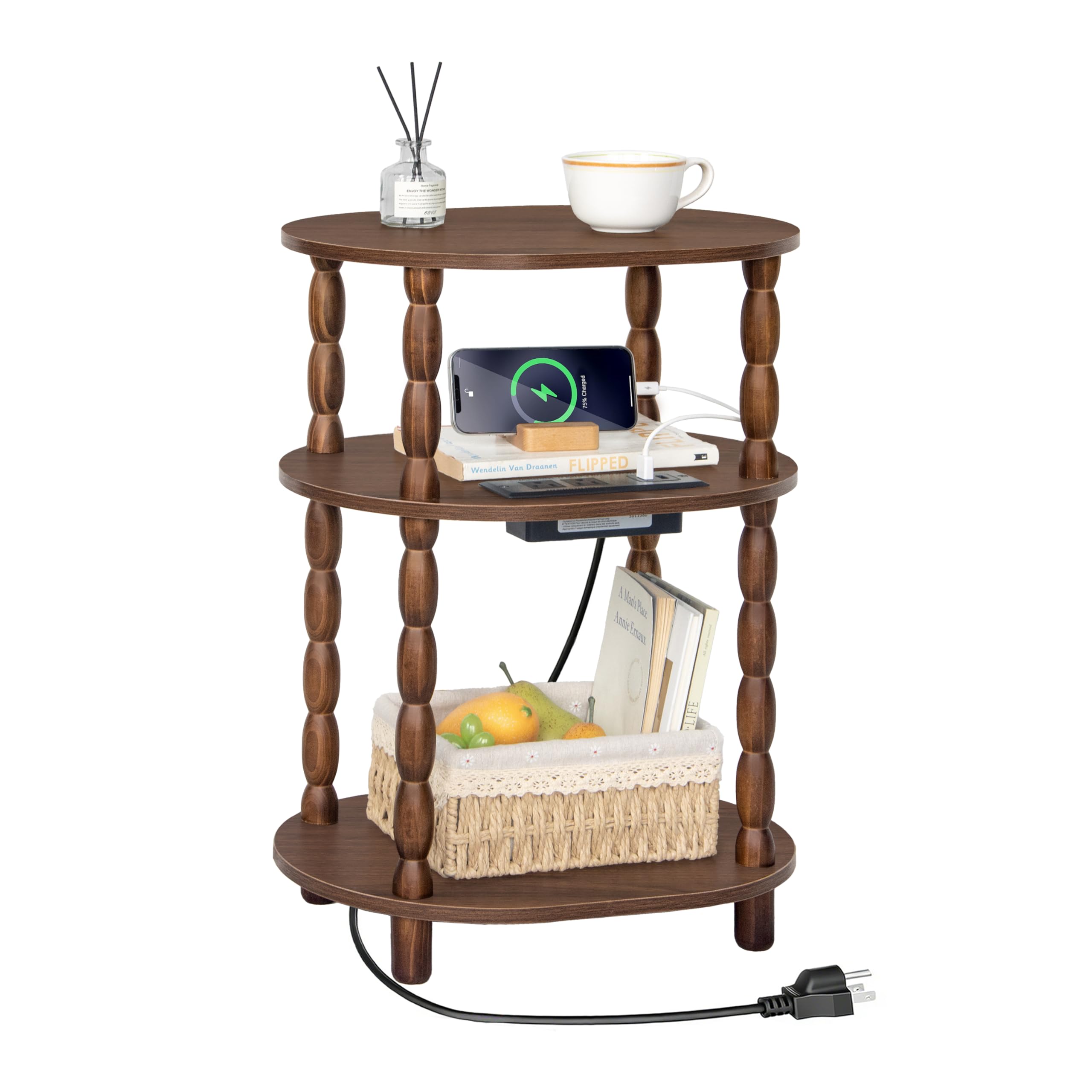MaxSmeo Side Table, 3-Tier Small End Table, Modern Oval Night Stand Accent Table for Living Room, Bedroom, Rustic Brown