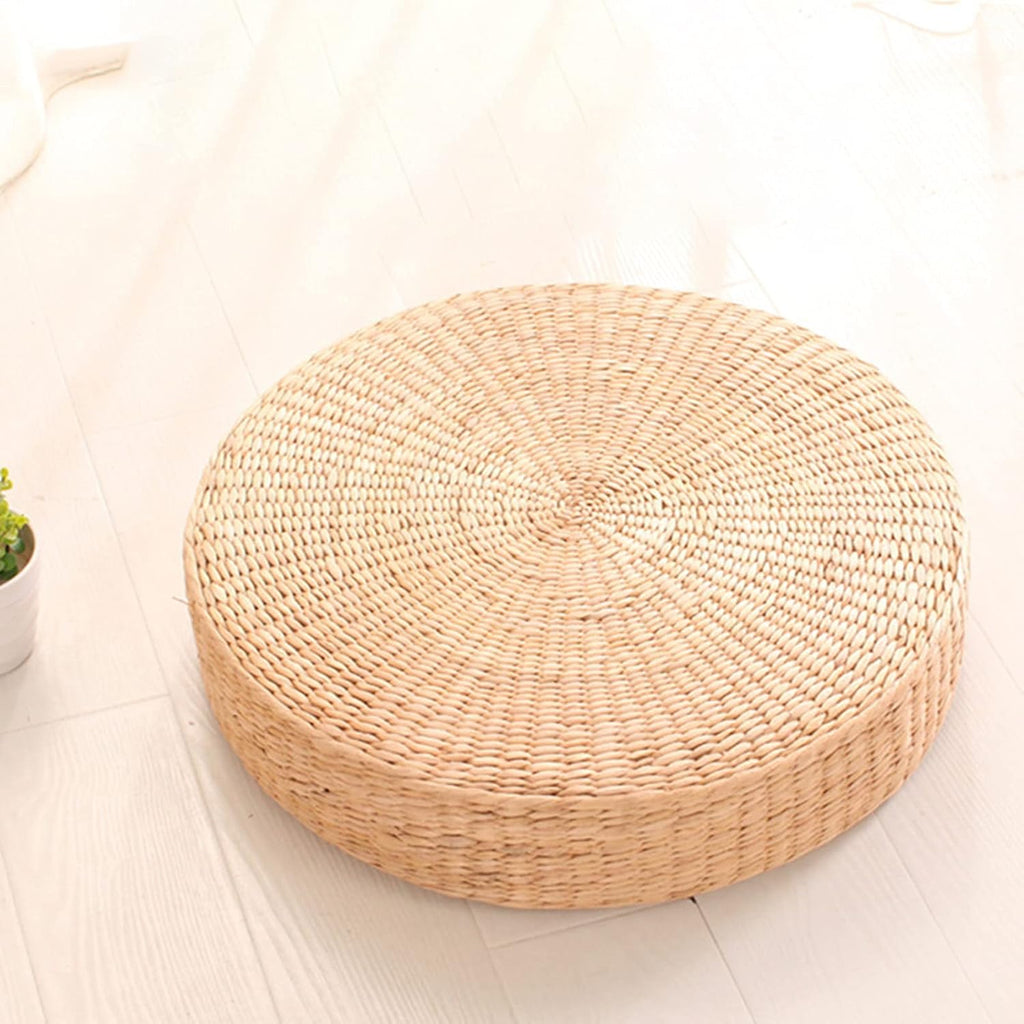 Floor Cushion, Round Braided Straw Meditation Pillow, 2" Thick Seat Cushion for Yoga, Indoor Outdoor Use, Natural Style Floor Pillow (17.3")