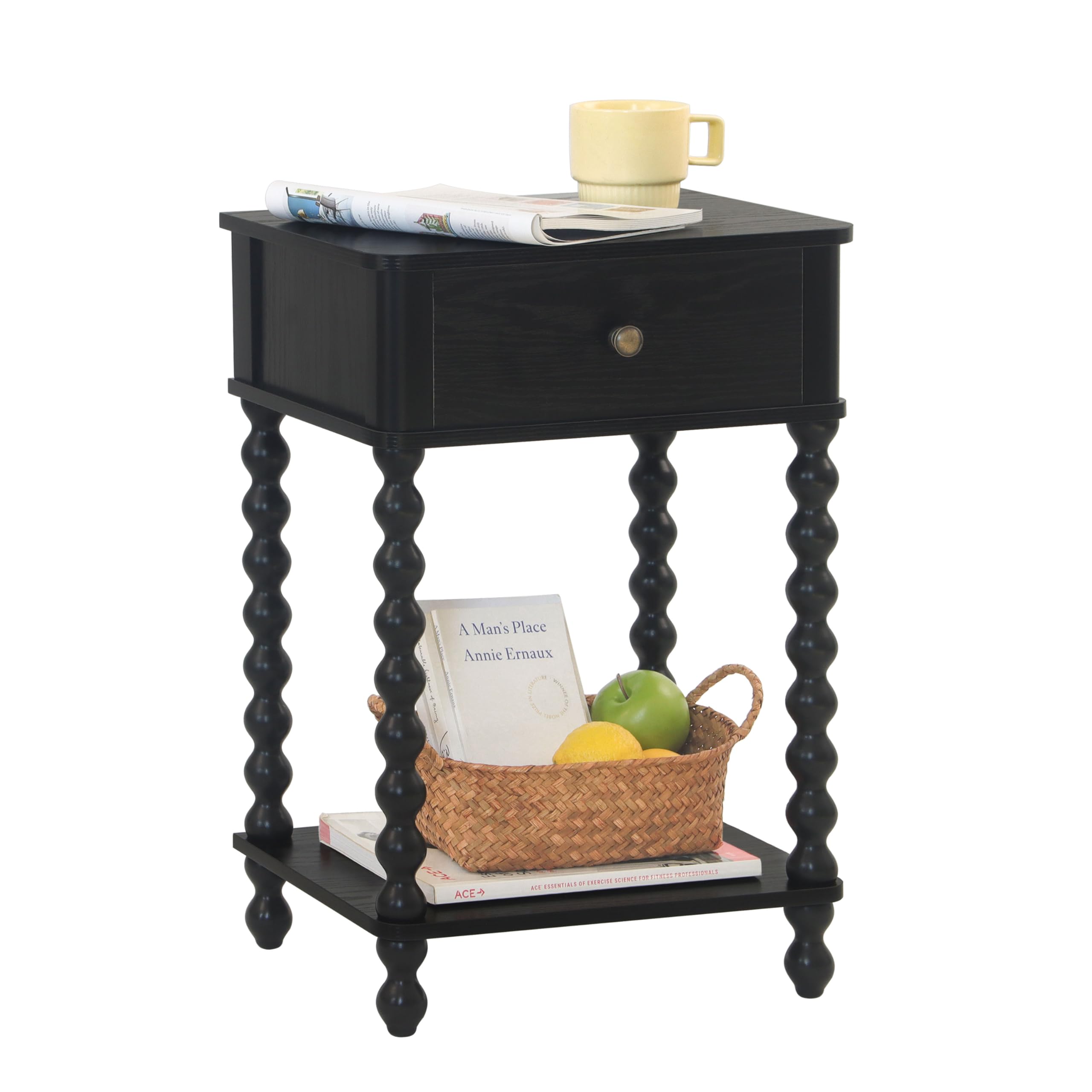 AWASEN Night Stand, Wood End Table with Drawer for Living Room, Small Bedside Side Table with Spindle Wood Legs for Bedroom, Office, Rustic Walnut