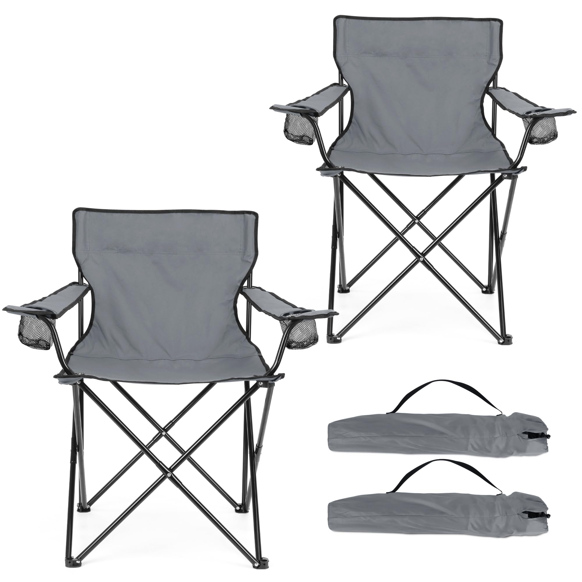 HaSteeL Folding Camping Chair Set of 3, Foldable Black Camp Chairs & Grey Table, Large Lawn Chair Portable for Adults Hiking, Fishing, Picnic, Outdoor BBQ, Travel, Sports, Cup Holders & Storage Bags