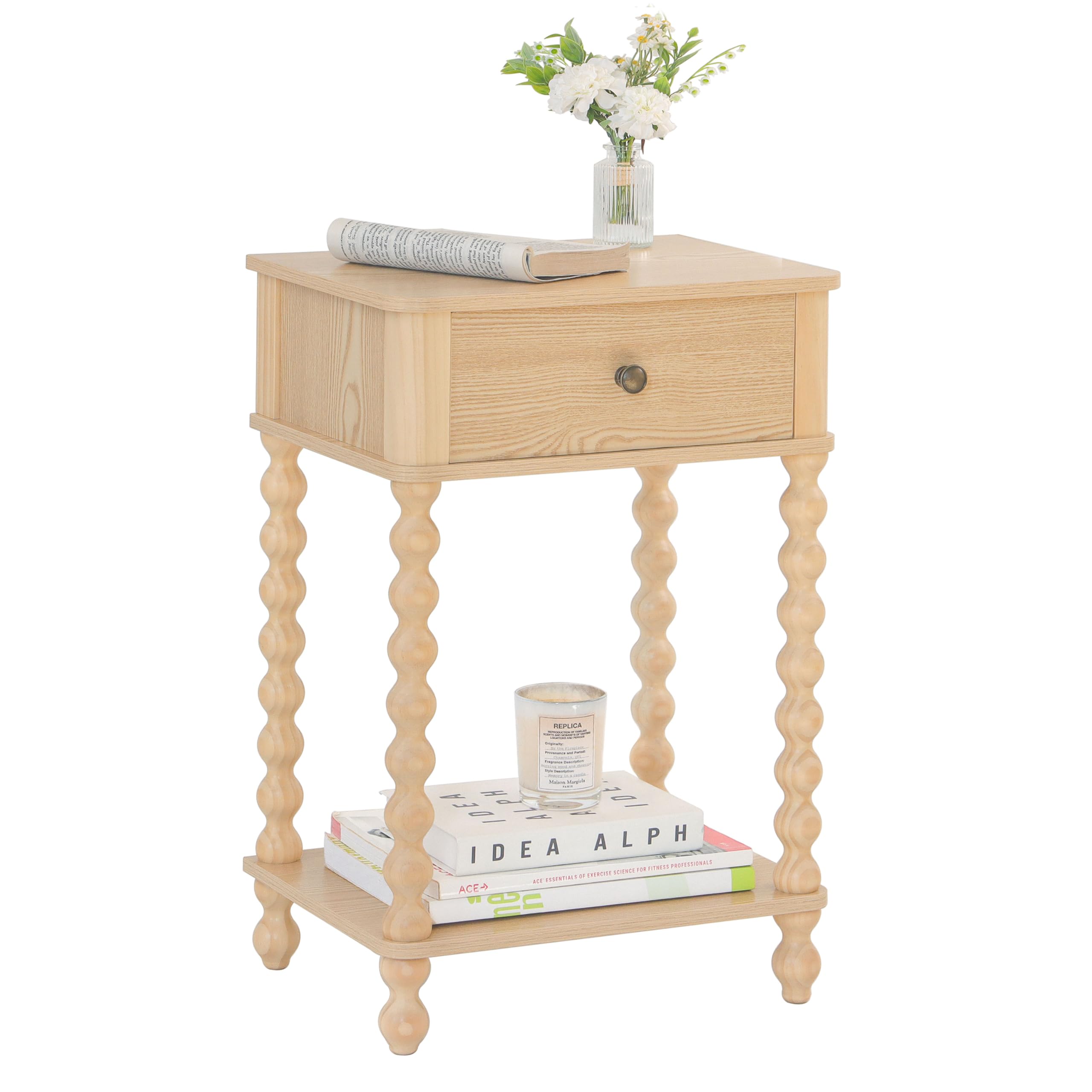 AWASEN Night Stand, Wood End Table with Drawer for Living Room, Small Bedside Side Table with Spindle Wood Legs for Bedroom, Office, Rustic Walnut