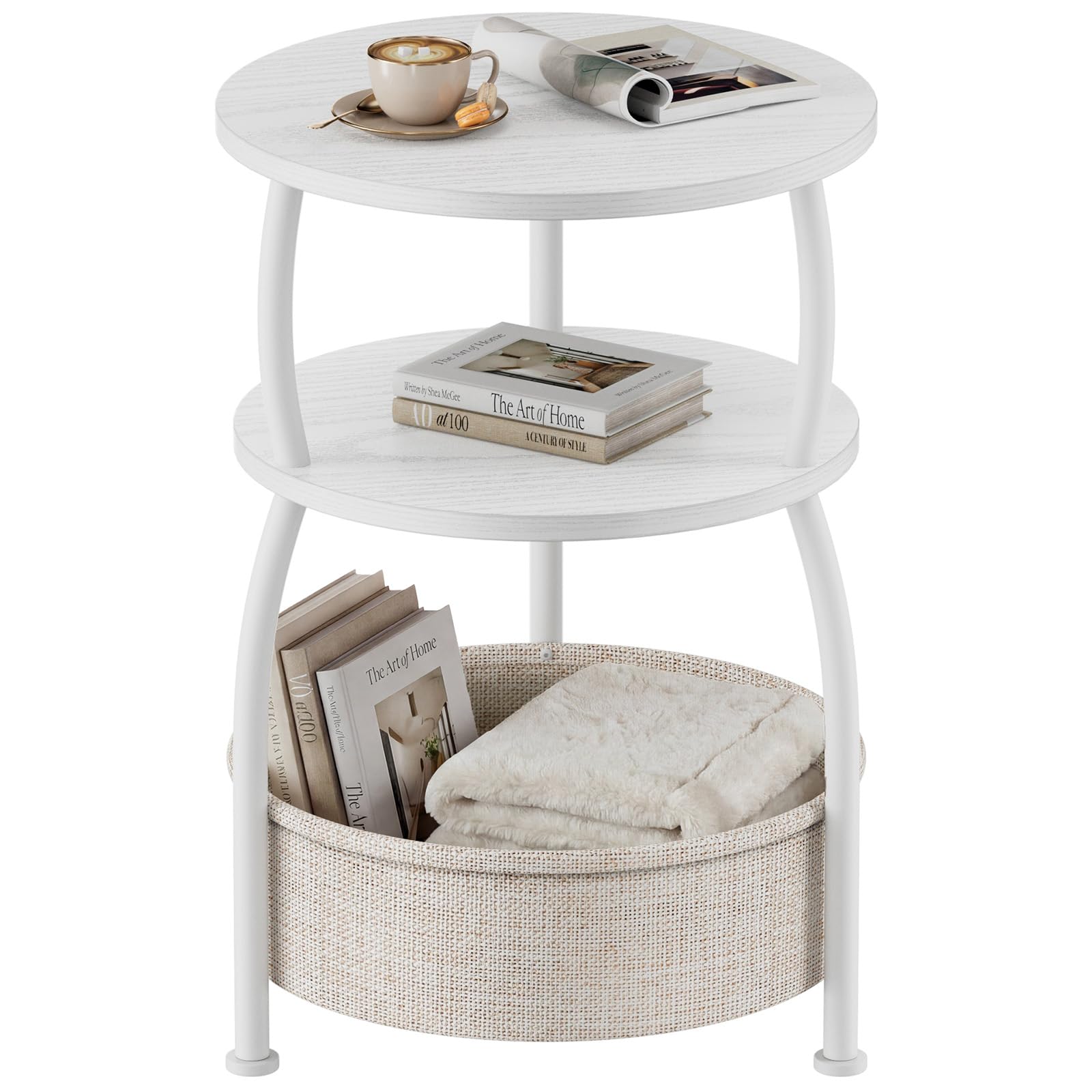 Round Side Table for Small Spaces with Storage Basket –Small End Table 3-Tier Night Stand Sofa Corner Table for Living Room, Bedroom, Patio and More 24in Tall Rustic Brown