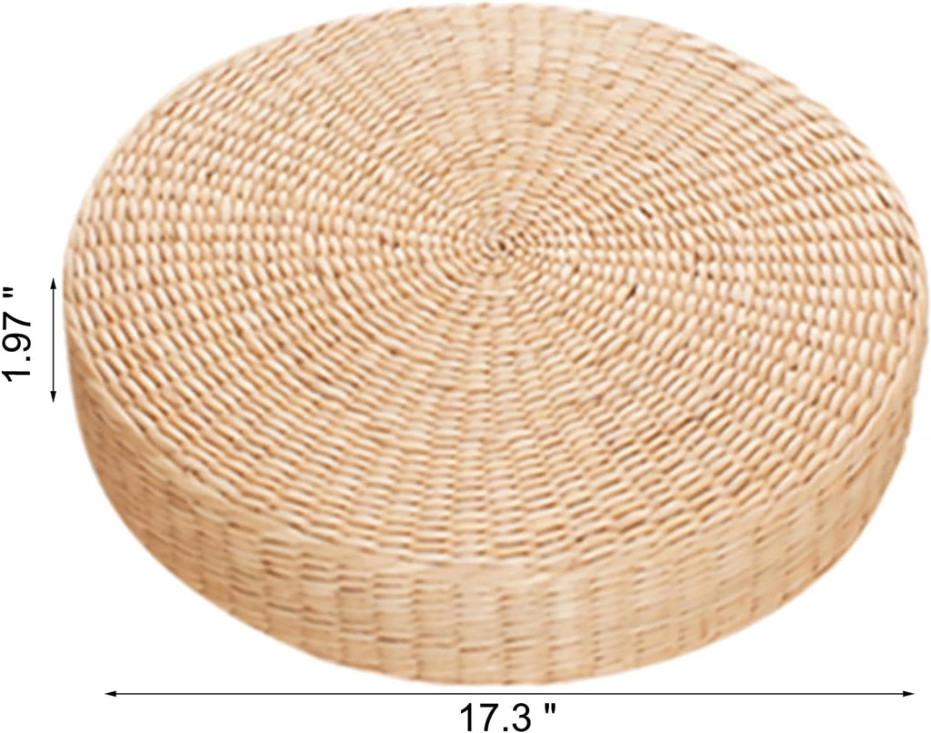 Floor Cushion, Round Braided Straw Meditation Pillow, 2" Thick Seat Cushion for Yoga, Indoor Outdoor Use, Natural Style Floor Pillow (17.3")
