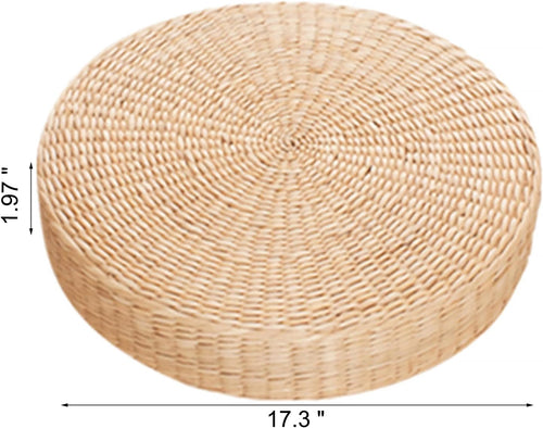 Floor Cushion, Round Braided Straw Meditation Pillow, 2" Thick Seat Cushion for Yoga, Indoor Outdoor Use, Natural Style Floor Pillow (17.3")